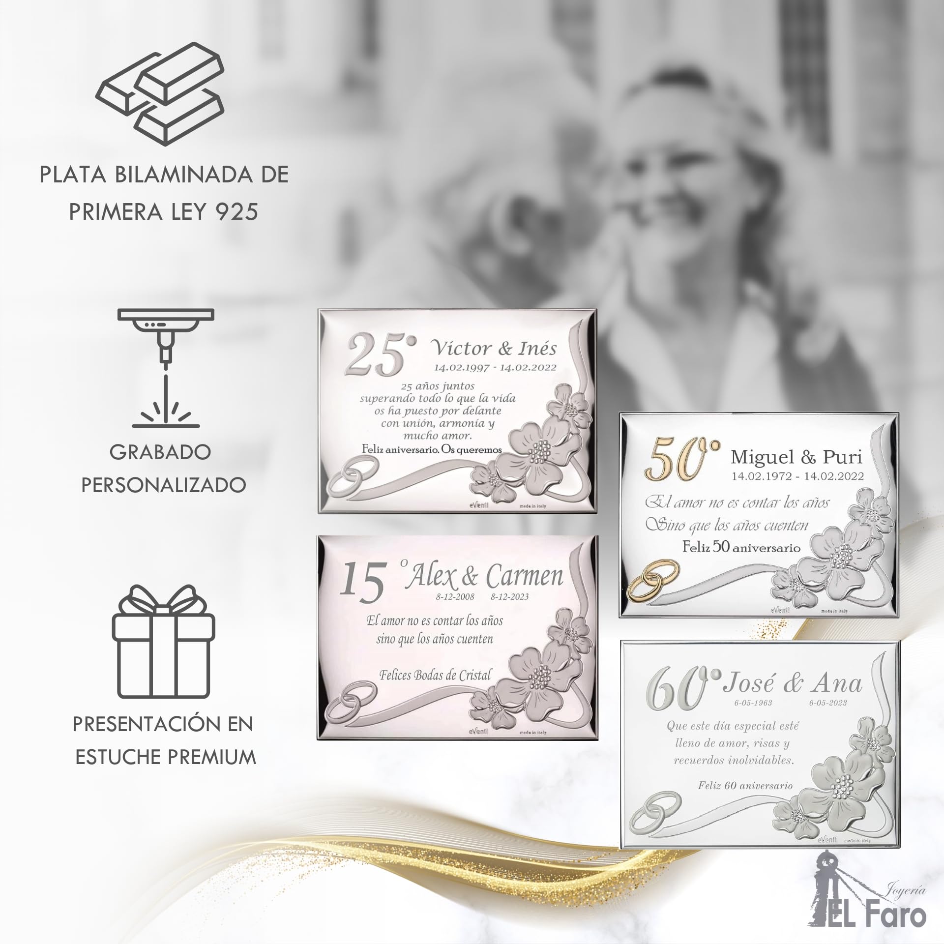 JOYERÍA EL FARO | Placa aniversario | Placa aniversario de bodas | Grabado personalizado | Presentación en estuche premium | Celebra vuestros años de amor juntos | Disponible en 2 tamaños