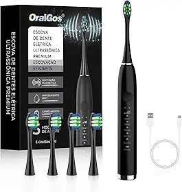 Escova Dental Elétrica para Adulto, 5 Modos Ultrassônicos, Limpeza Profunda, com 4 Cabeças Substituíveis, Recarregável e Portátil, 1 Unidade
