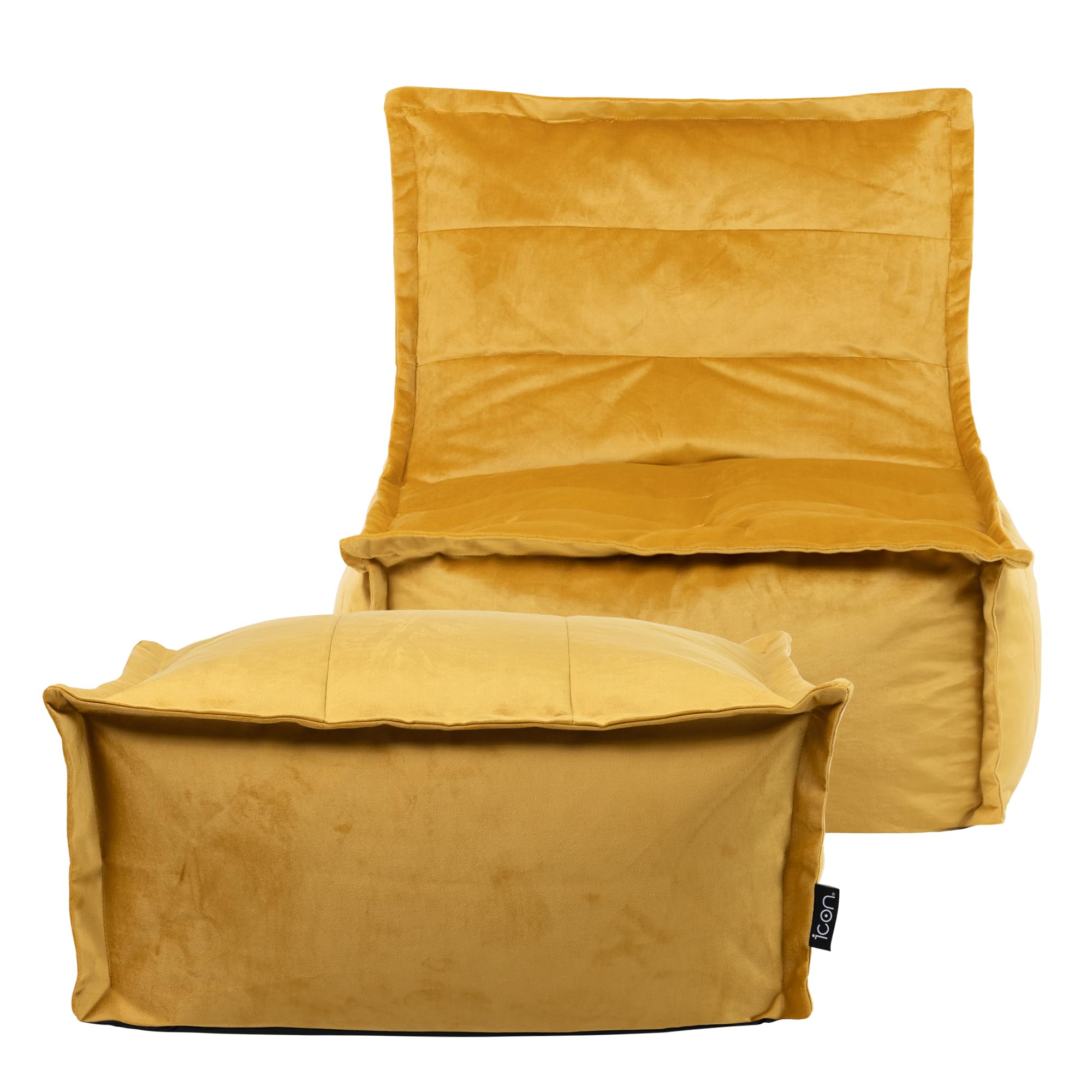 icon Dolce Velvet Lounge Bean Bag Chair with Footstool, Ochre Yellow, Large Adult Bean Bag with Filling Included, Accent Chair, Living Room Furniture, Bedroom Furniture