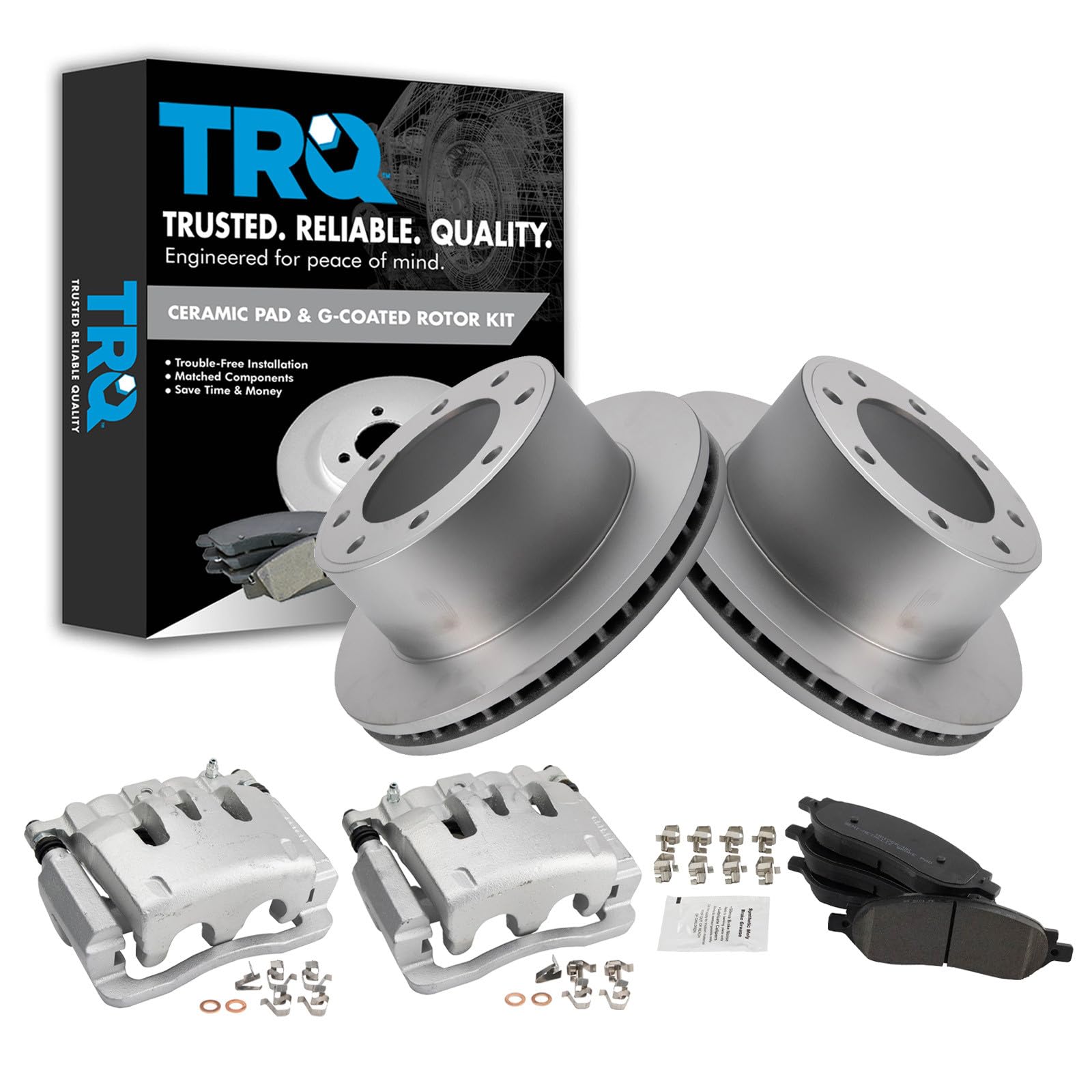 TRQ Rear Brake Pad, Caliper, &amp; Rotor Kit Semi-Metallic Vented Premium G-Coated Compatible with 2005-2007 Ford F-250 Super Duty F-350 Super Duty