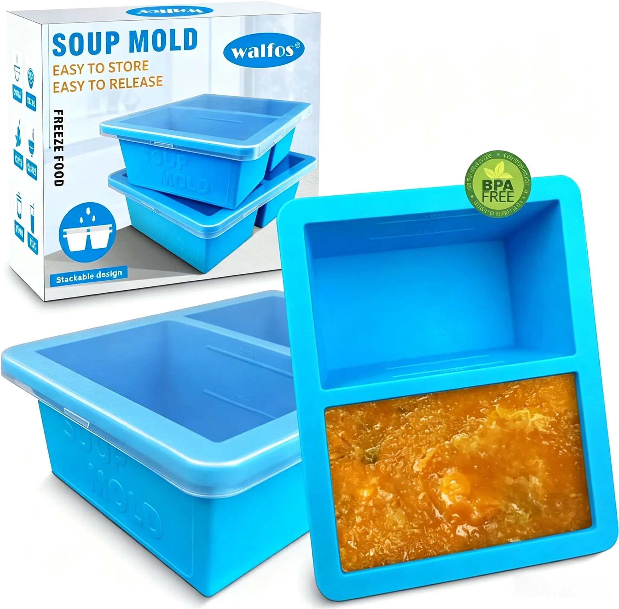 Walfos Extra-Large Silicone Freezing Tray with Lid,1-Cup Freezer Tray for Soup, Silicone Food Freezer Trays,Soup Freezer Container For Storing and Freezing Soup, Broth, Sauce and Ice, 2 Pack — image 1