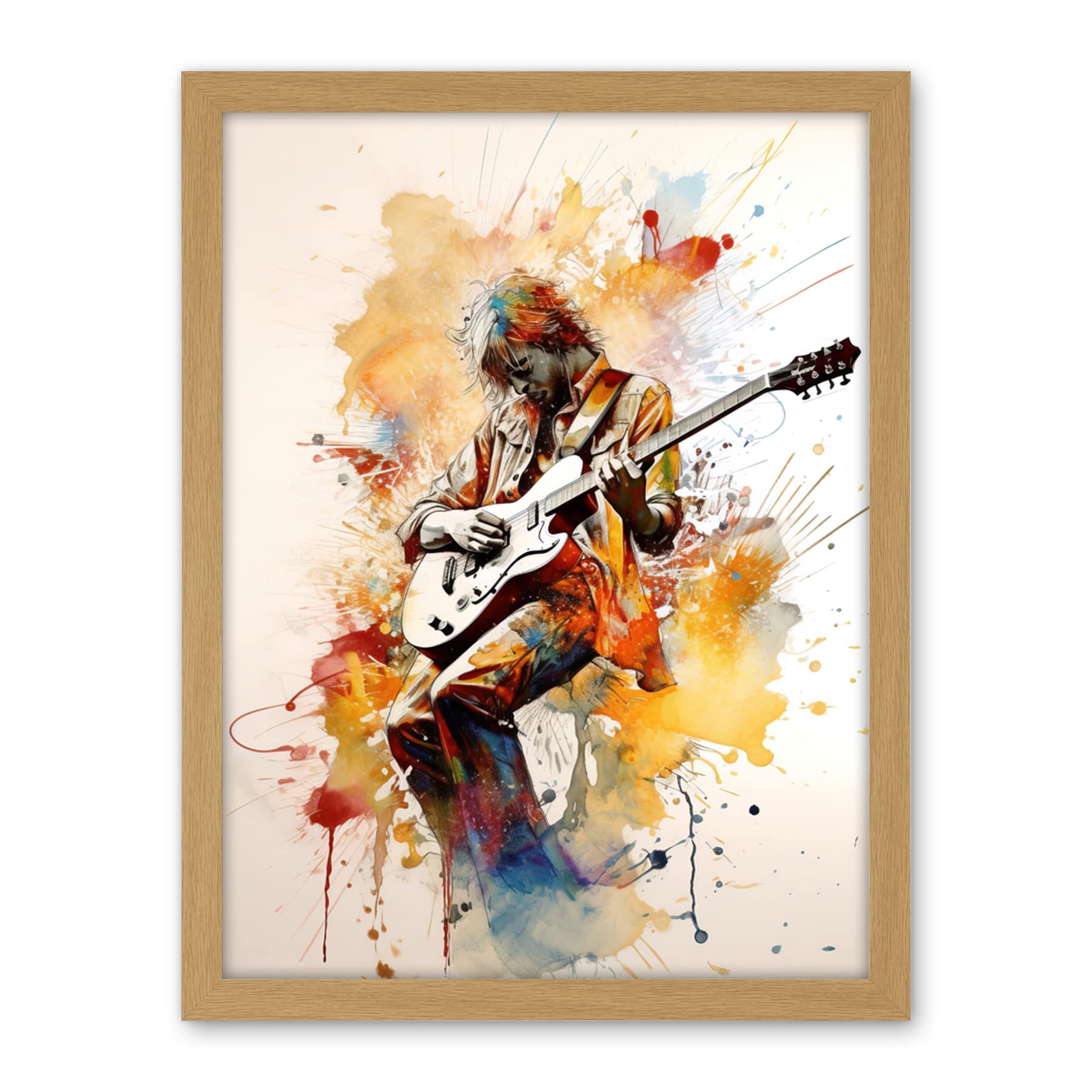 Artery8 Guitarist Musician Playing Solo on Electric Guitar Modern Watercolour Illustration Artwork Framed Wall Art Print 18X24 Inch