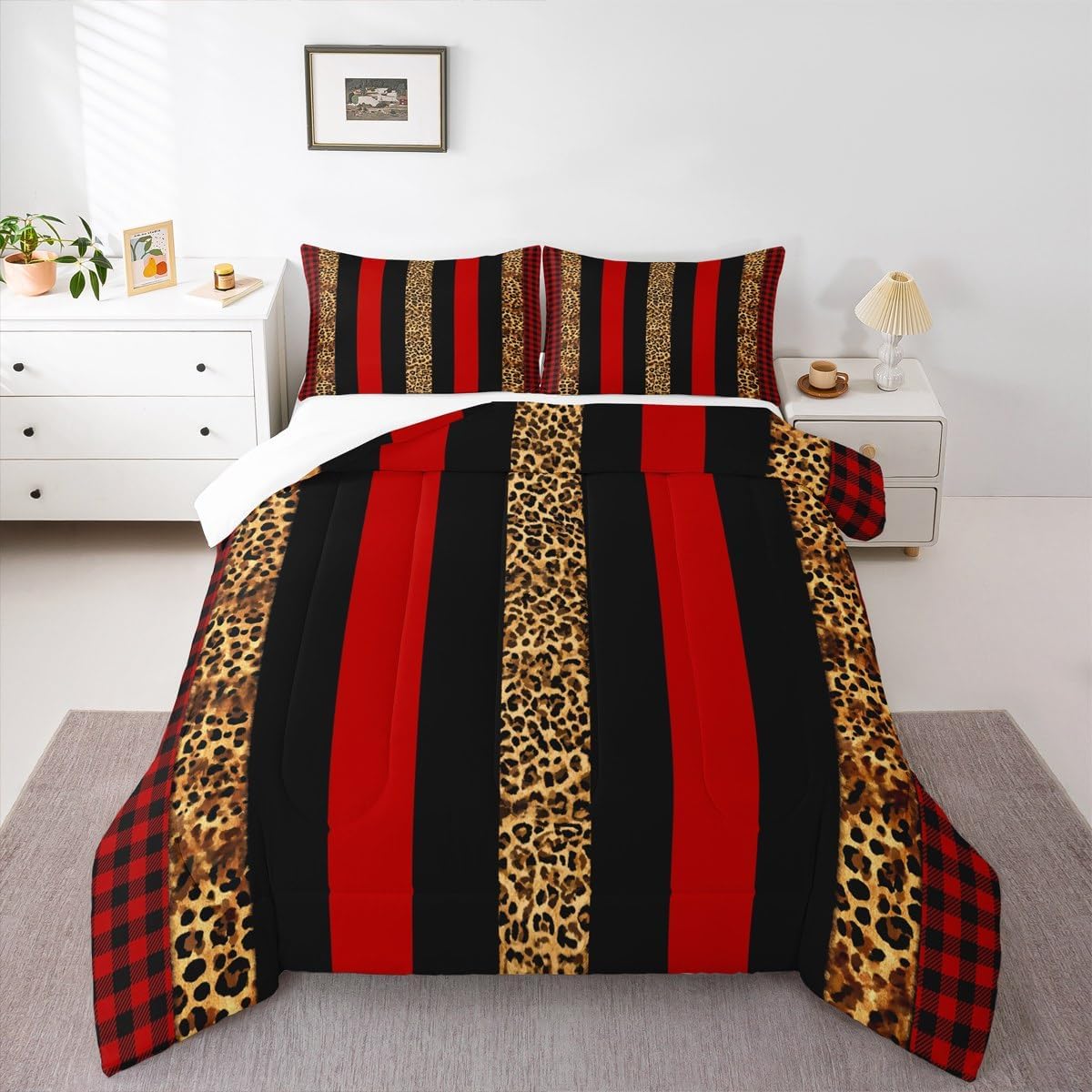 Manfei Leopard Print Comforter Set Queen Size, Red Brown Black Stripes Bedding Set 3pcs, Wild Animal Cheetah Skin Down Comforter for All Season, Kids Boys Girls Room Decor, 2 Pillowcases, No Sheets