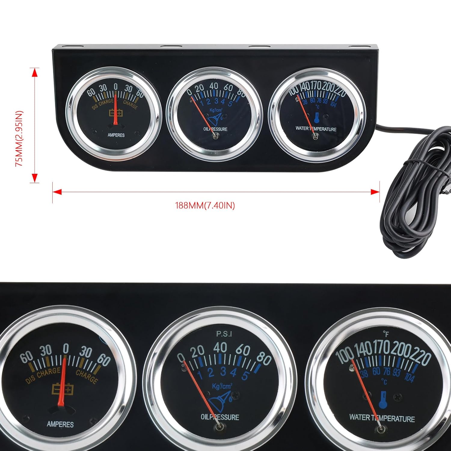 BAGARAATAN Triple Gauge Kit Oil/AMP/Water,Mechanical 2'' 52mm Chrome Triple Gauge Set Water Temp Oil Pressure AMP Meter : Automotive