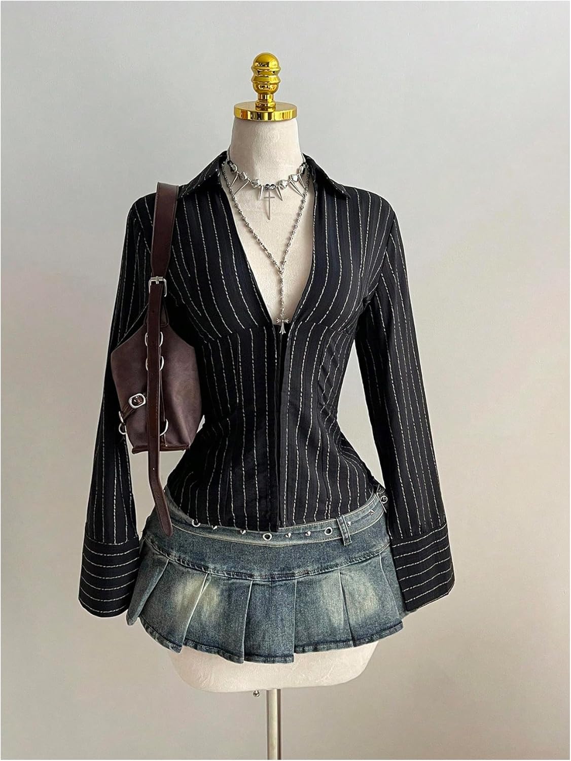 GORGLITTER Women's Striped Shirt Fitted Cinched Waist Shirts Top Long Sleeve Deep V Dressy Collar Business Casual Blouse
