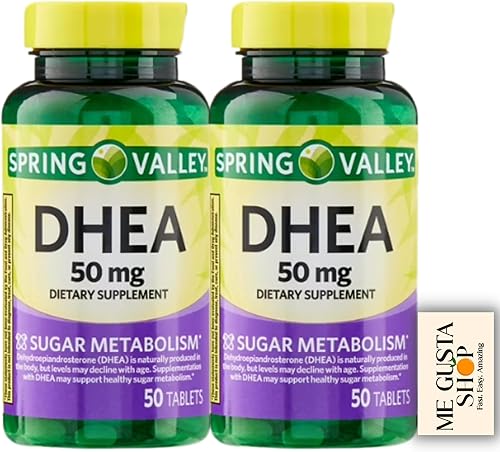 Spring Valley DHEA - Suplemento dietético de 50 mg, 50 comprimidos, paquete de 2 (100 en total) + adhesivo Me Gustas