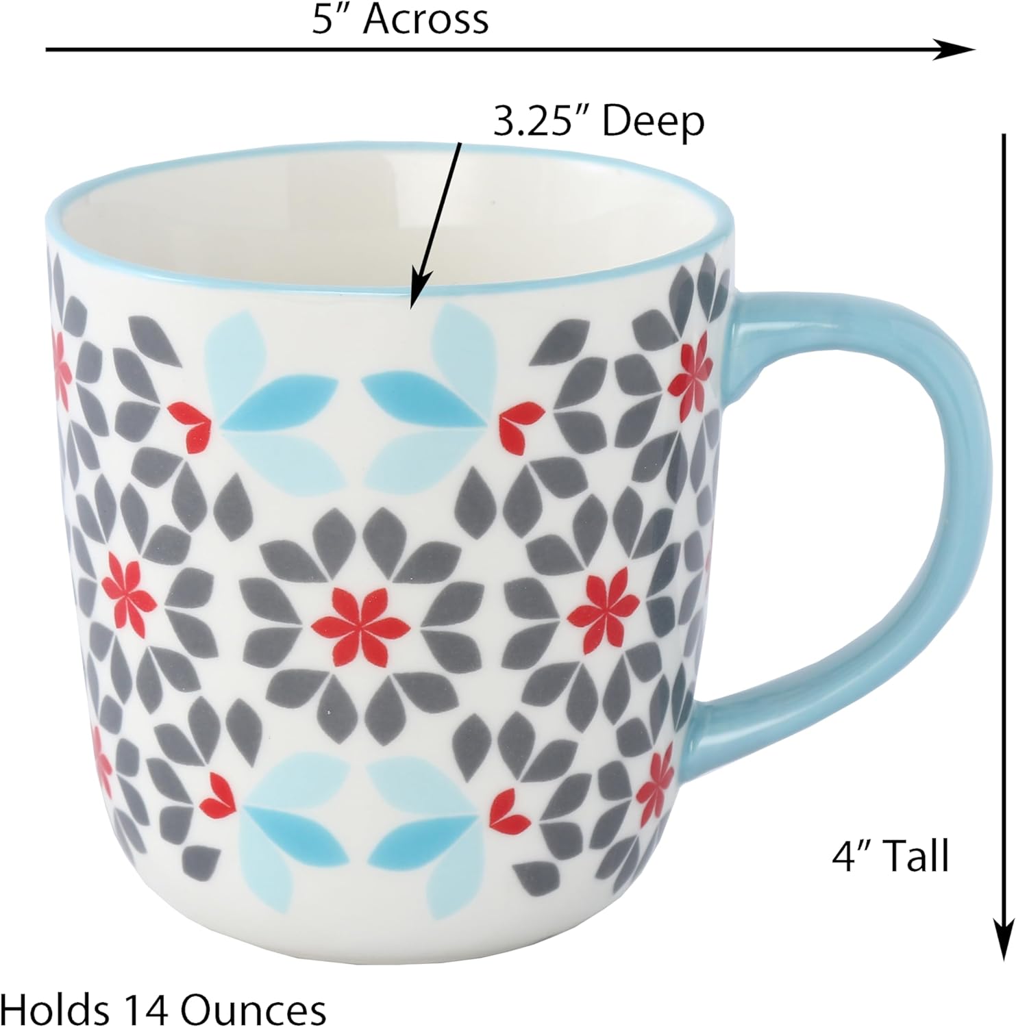 Floral Coffee Mugs with Blue Handle, Gray and Red Flower Pattern, Bone China Tea Cups, Set of 4