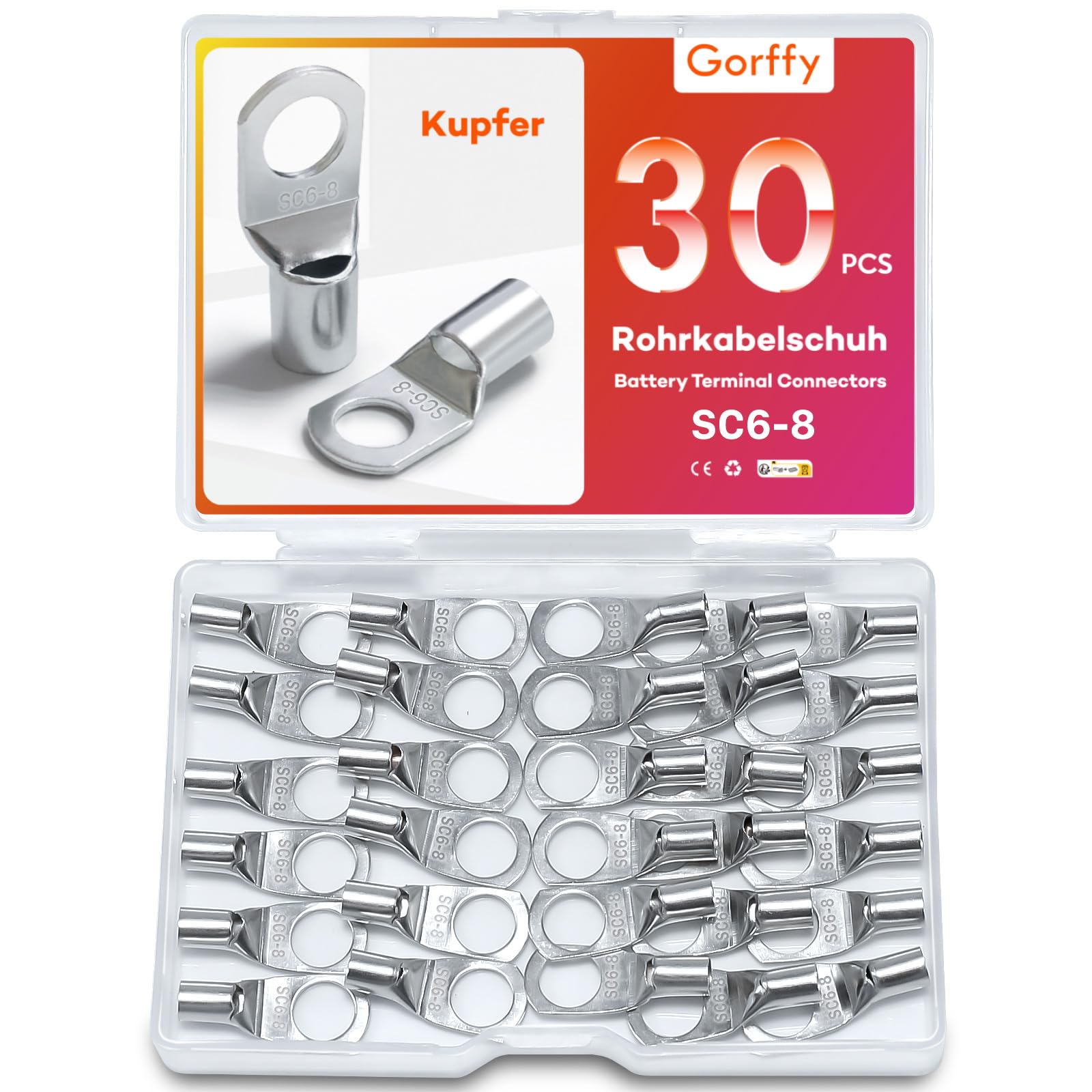 Gorffy Single Rohrkabelschuhe Set, Kabelschuhe Set, Verzinntes Kupfer Ringkabelschuhe Set, SC Rohrkabelschuh Set, Kabelschuhe, Rohrkabelschuhe für Kfz Batteriekabel