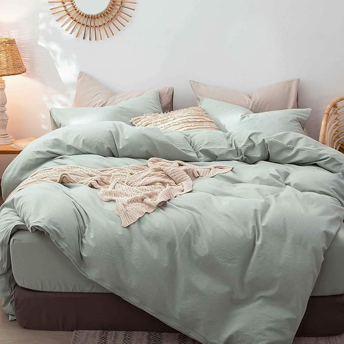 MooMee Bedding Duvet Cover Set 100% Washed Cotton Linen Like Textured Breathable Durable Soft Comfy (Sage Green, King)