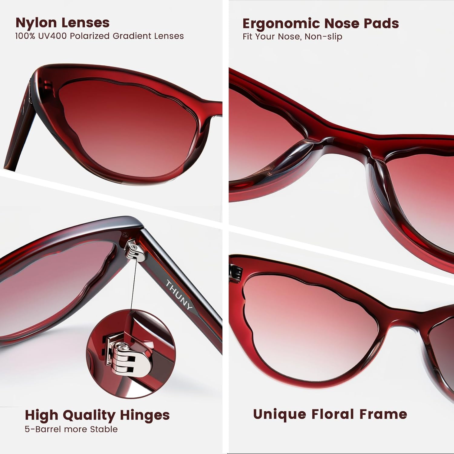 THUNY Retro Cat Eye Sunglasses UV400 Protection for Women，Trendy Gradient Petals Frame Polarized Cateye Sunglasses Women - Image 5