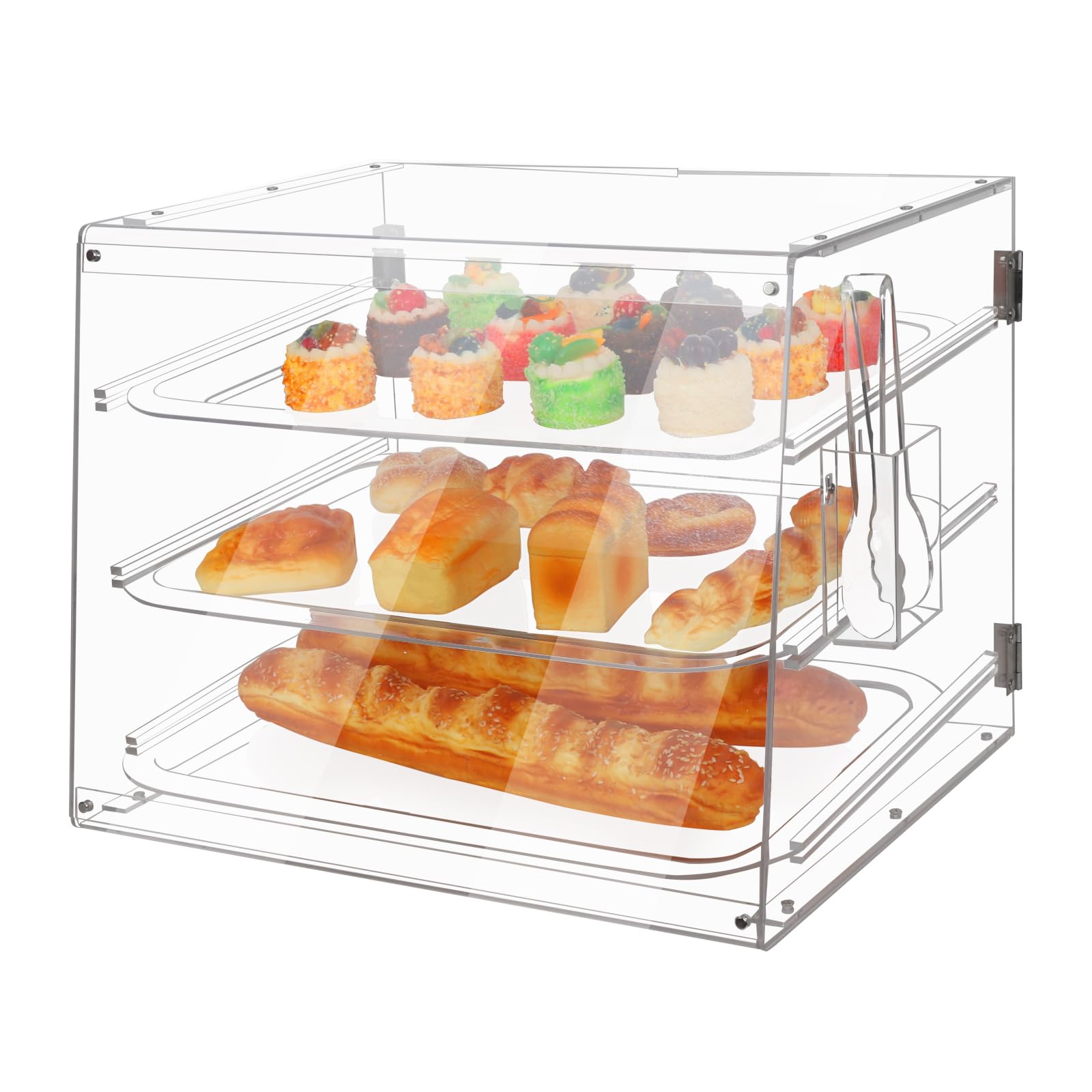 ExGizmo Acrylic Pastry Display Case,Bakery Display Case,Clear Acrylic Bread Display Cabinet,3 Tray Commercial Countertop Bakery Display Case with Rear Doors