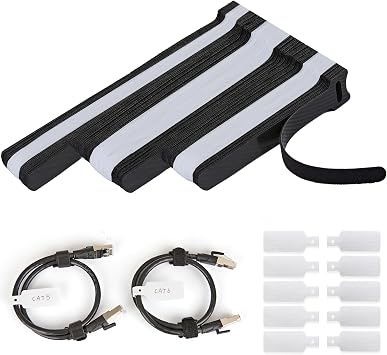 70 PCS Reusable Cable Ties with Hook and Loop, Multi-purpose Adjustable Cable Management Wire Ties & 10 PCS Cable Labels, Cord Organizer for Home, Office and Data Centers 4/6/8 Inch, Black+White