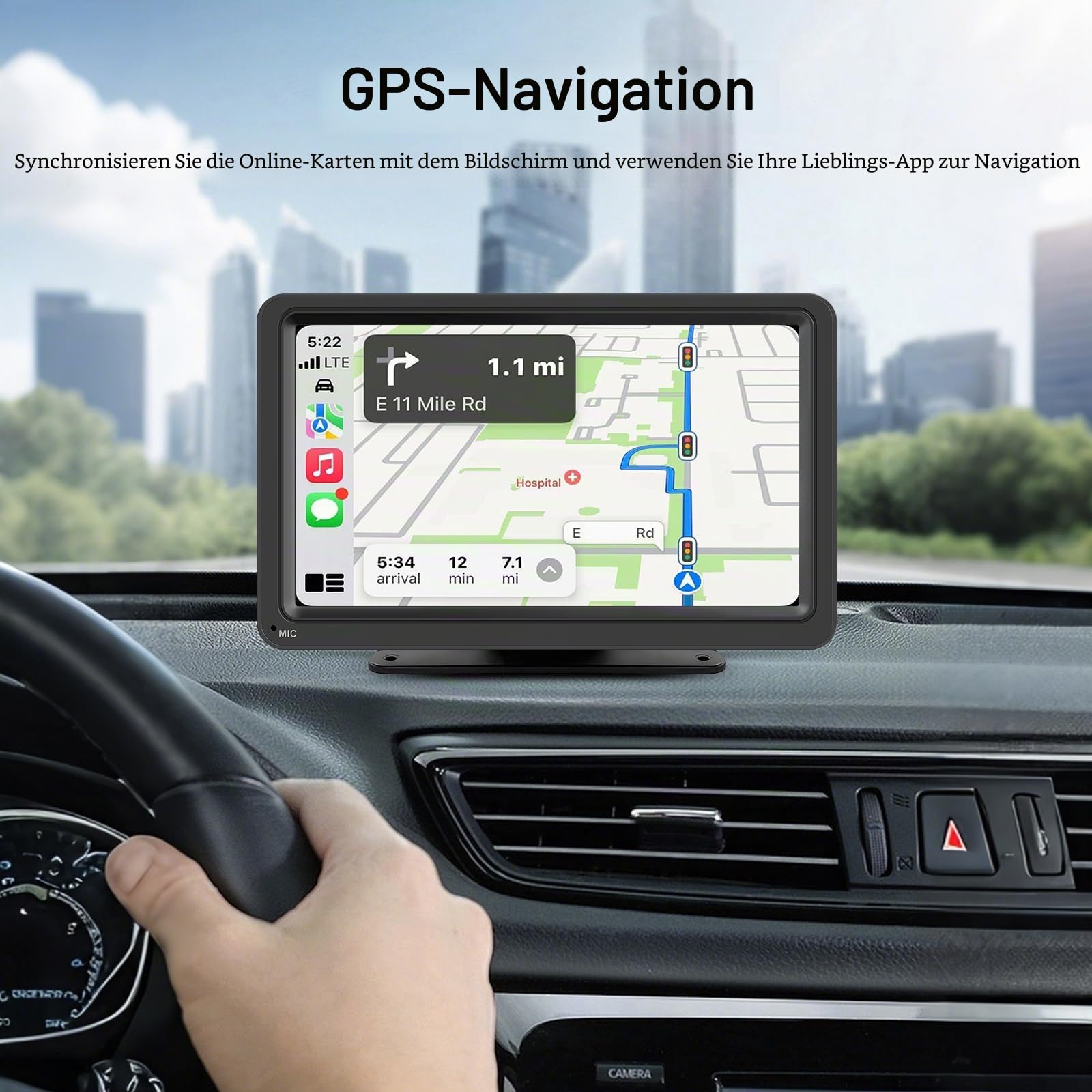 7 Zoll Tragbarer CarPlay Bildschirm mit Wireless Android Auto IPS Display | Mirror Link Tag-Nacht-Modus Bluetooth FM Transmitter AUX Eingang 12-24V Fahrzeuge und kompaktes Design für einfache Montage