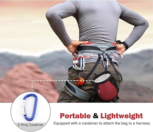 Miniatura 5 de Rhino Valley Bolsa de tiza para escalar, sin fugas, con cordón, con cinturón ajustable, clip de mosquetón y bolsillos con cremallera, bolsa de tiza