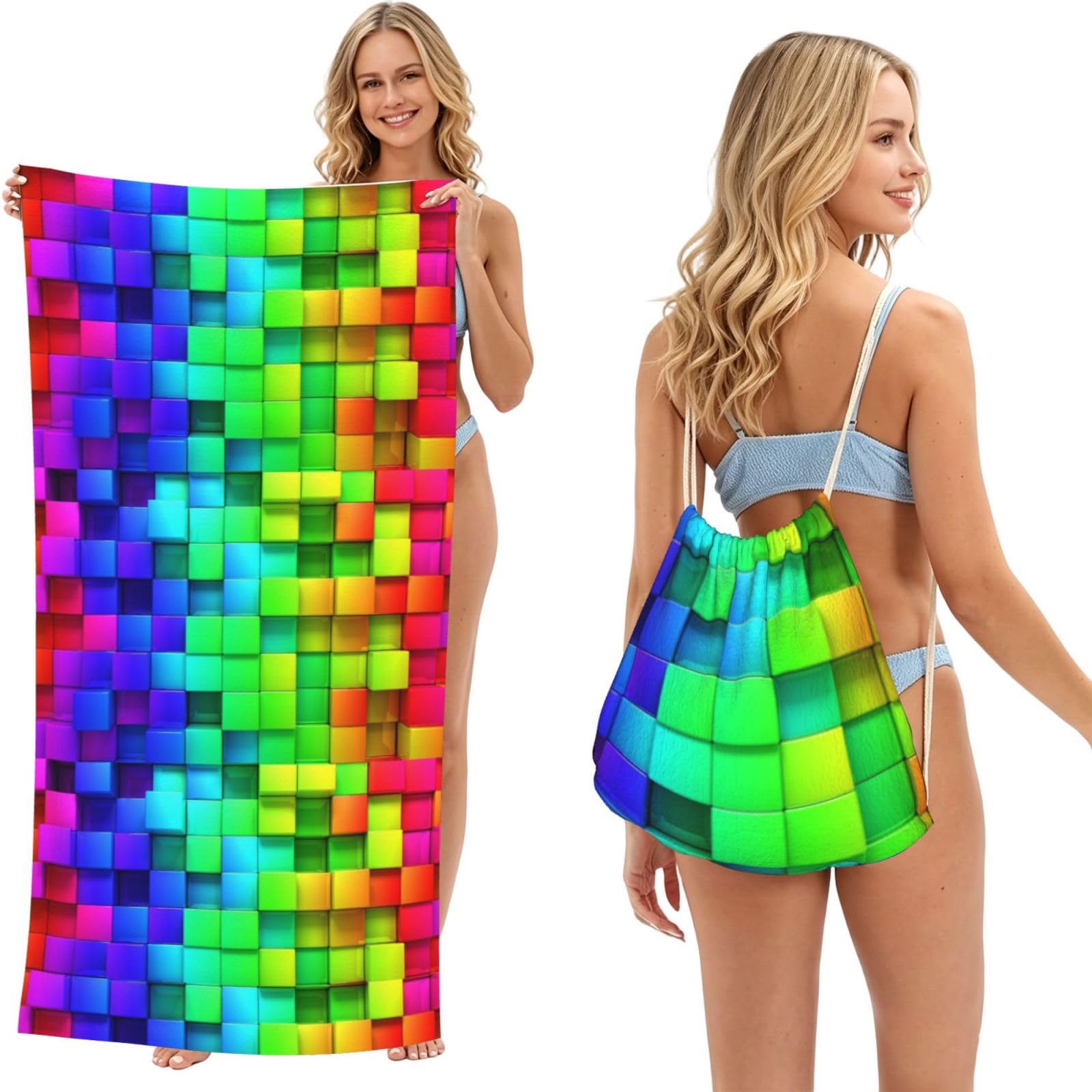 Poadnly Rainbow Color Plaid, 2 in 1 Packable Towel Bag, Beach Towels with Drawstring Backpack for Travel Holiday Camping