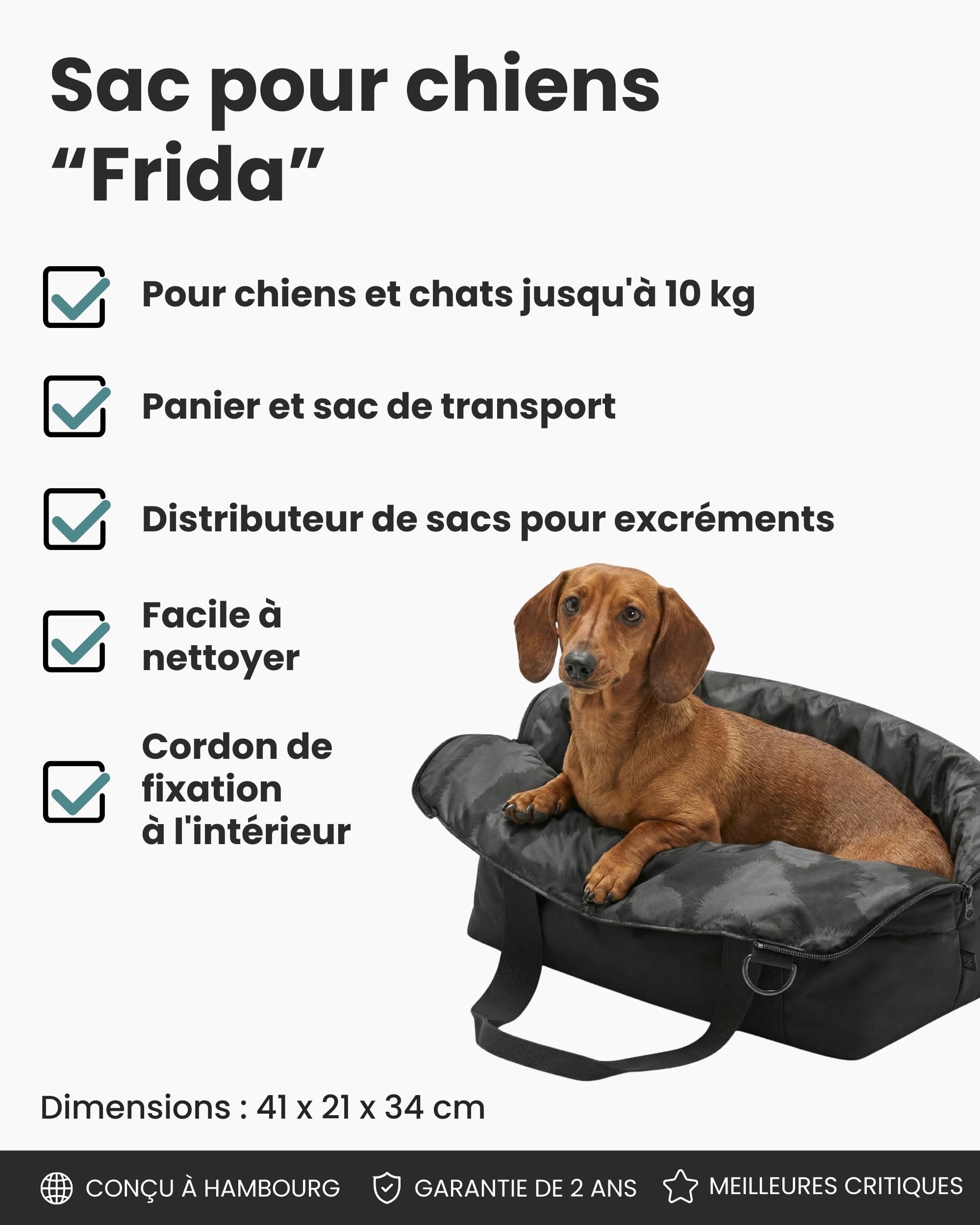 Larkson Sac de Transport pour Chien Noir - Frida - Sac à Bandoulière Pliable pour Petits et Moyenne Chiens & Chats jusqu'à 10 kg - Utilisable comme Panier pour l'Extérieur & Les Voyages