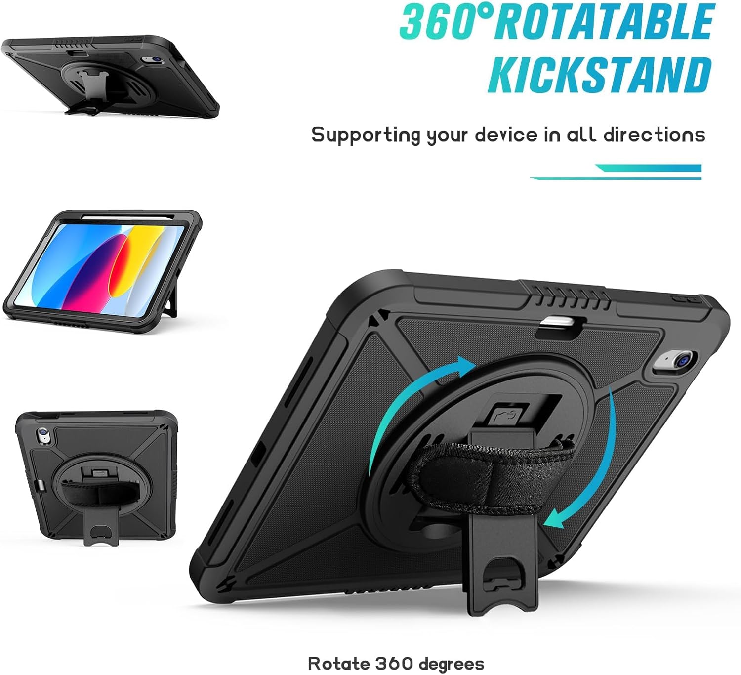 ZtotopCases for iPad (A16) 11th/10th Generation 11''/10.9'' 2025/2022, Heavy Duty Case with Screen Protector & 360°-Rotating Hand Strap, Full-Body Drop Protection Cover, Black