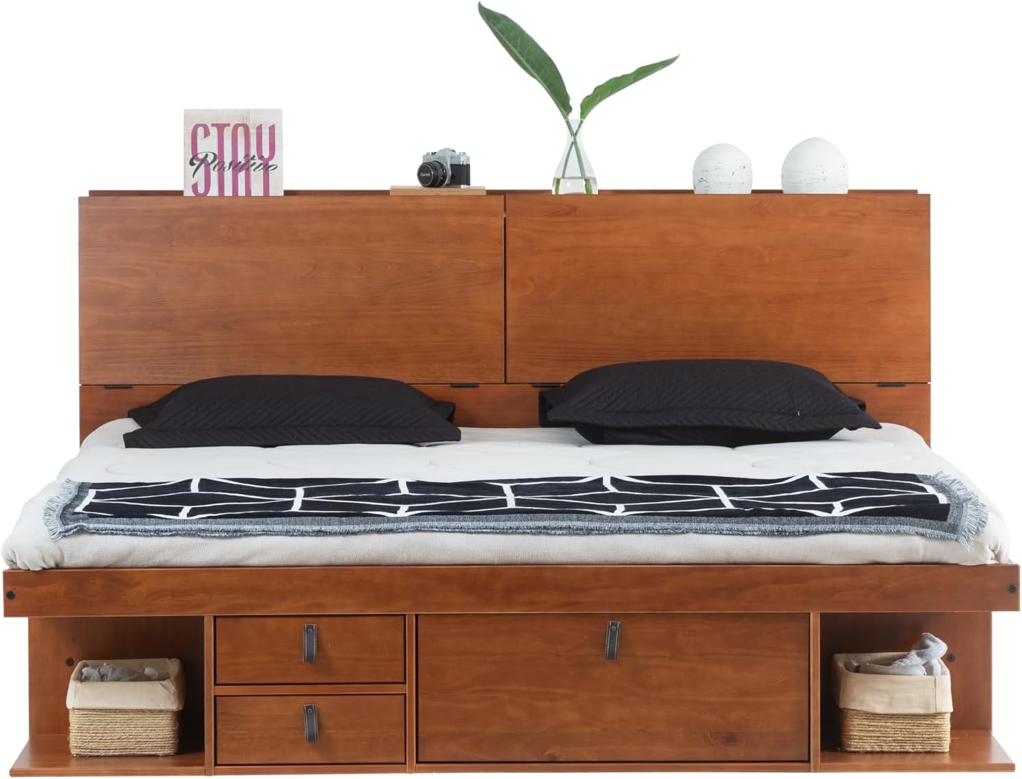 memomad Bali Set: Storage Platform Bed with Drawers + Bookcase Headboard (King Size, Caramel Brown Wood)