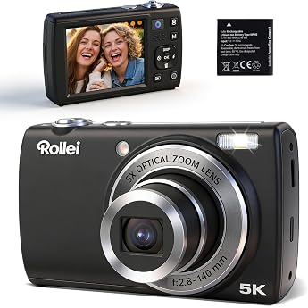 Rollei Powerflex Digital Camera Compact 5X Optical Zoom Touch Screen 64MP 5K Camera with Dual Camera AutoFocus Photo Camera Portable Compact Camera Black Digital Camera Camera Camera