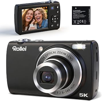 Rollei Powerflex Compact Digitalkamera 64MP 5K Fotokamera 5X Optischer Zoom Fotoapparat mit 28“ Touch-Display Dual-Objektive Selfie Camera Tragbar Kompaktkamera Schwarz