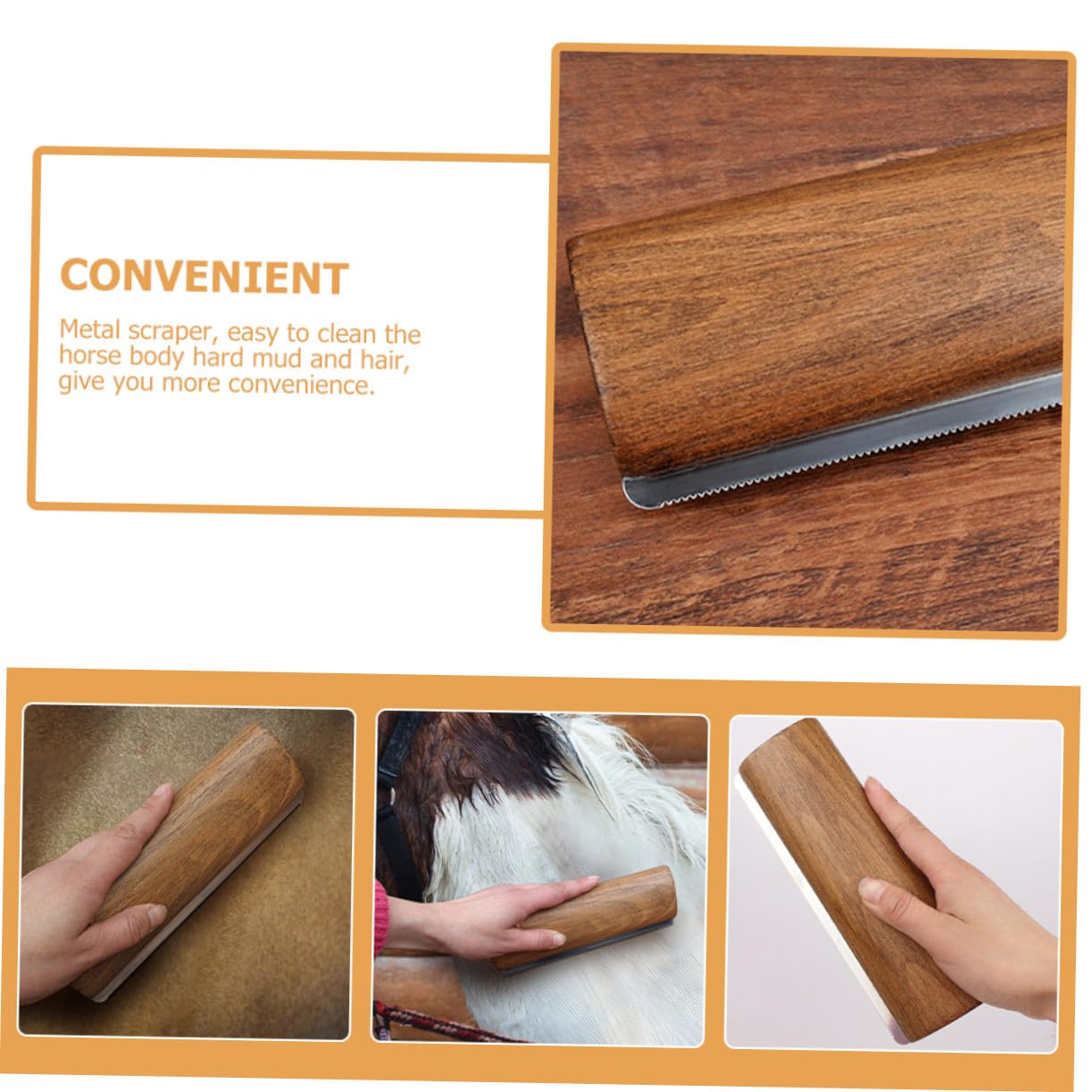 Cepillo Raspador para Limpieza de Caballos Diseño Ergonómico, Madera y Metal, Herramienta Fácil de Usar para Quitar Pelo Suelto y Sudor