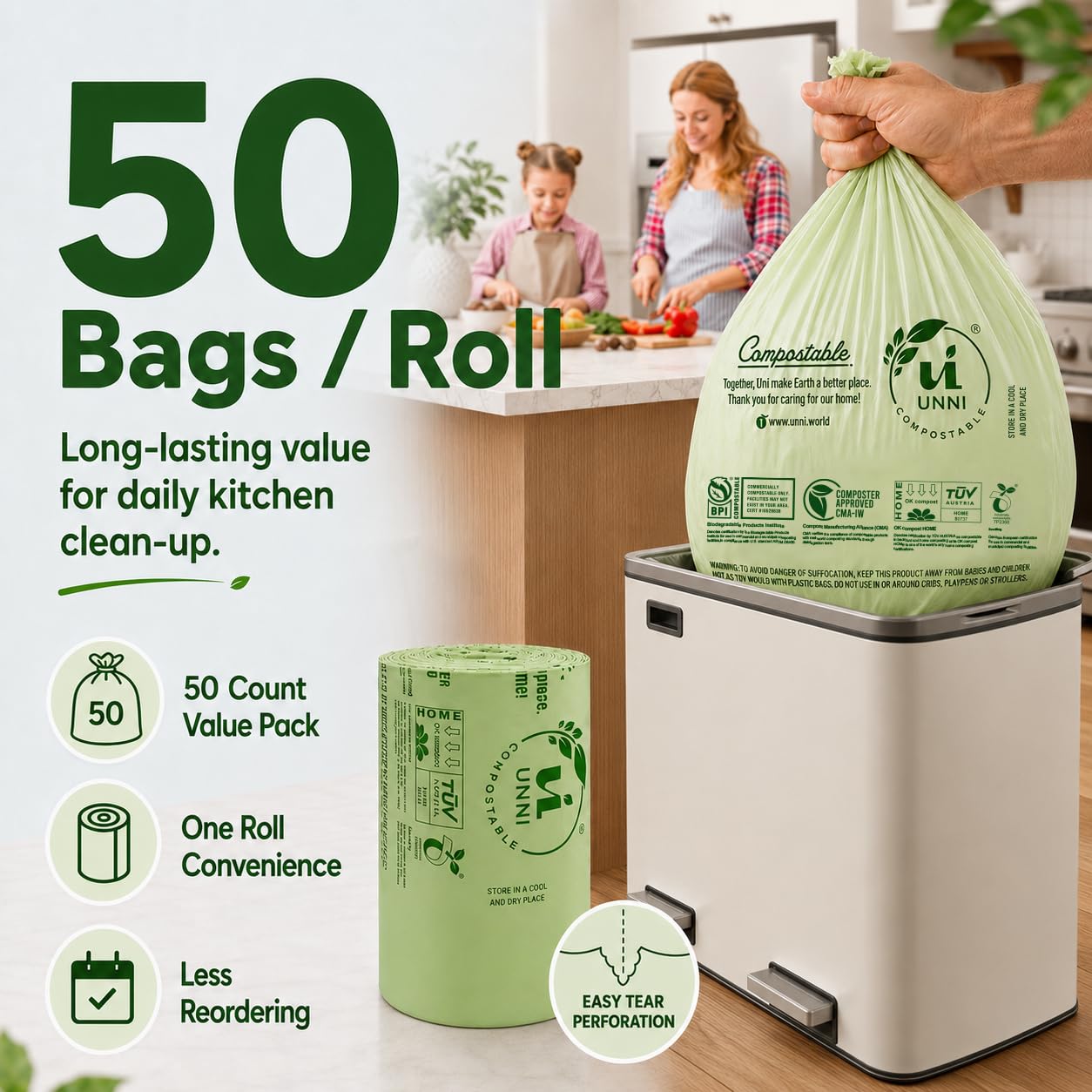 UNNI ASTM D6400 100% compostables Bolsas de Basura, 13 galones, 49,2 litros, 200 Conde, Pesado 0,85 milésimas de Pulgada, BPI Estados Unidos y Europa Ok Compost Home Certificados