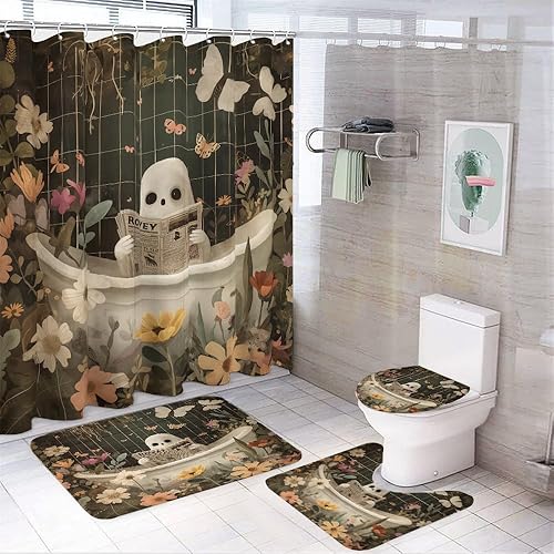 Juego de cortinas de ducha de Halloween, bonita cortina de ducha de fantasma, decoración de baño, cortina de ducha, alfombra antideslizante,