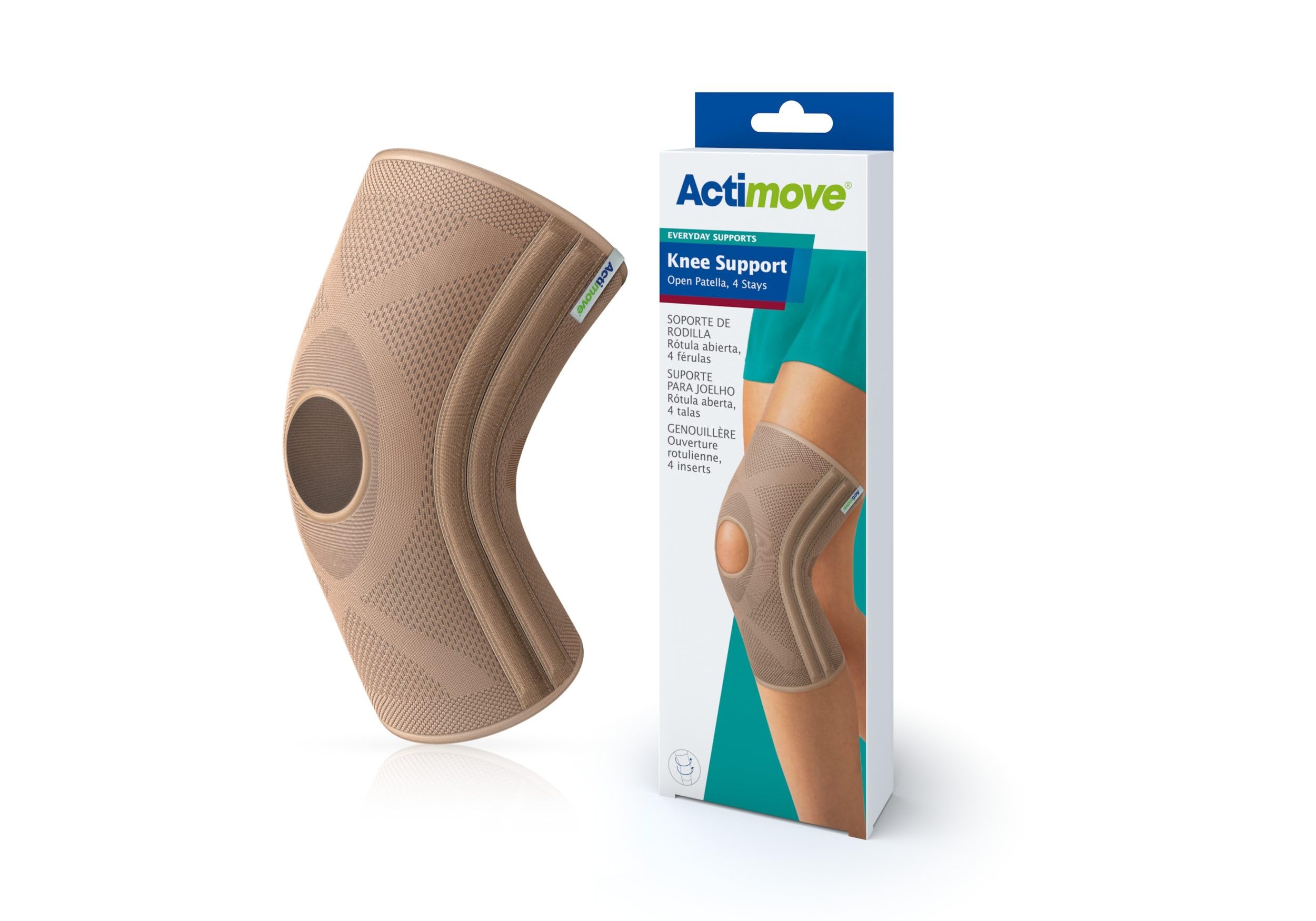 Actimove Everyday Supports Knee Support Open Patella 4 Stays – Helps with Pain Relief and Swelling – For Chronic Pain and Overuse Injuries – Left/Right Wear – Beige, Small