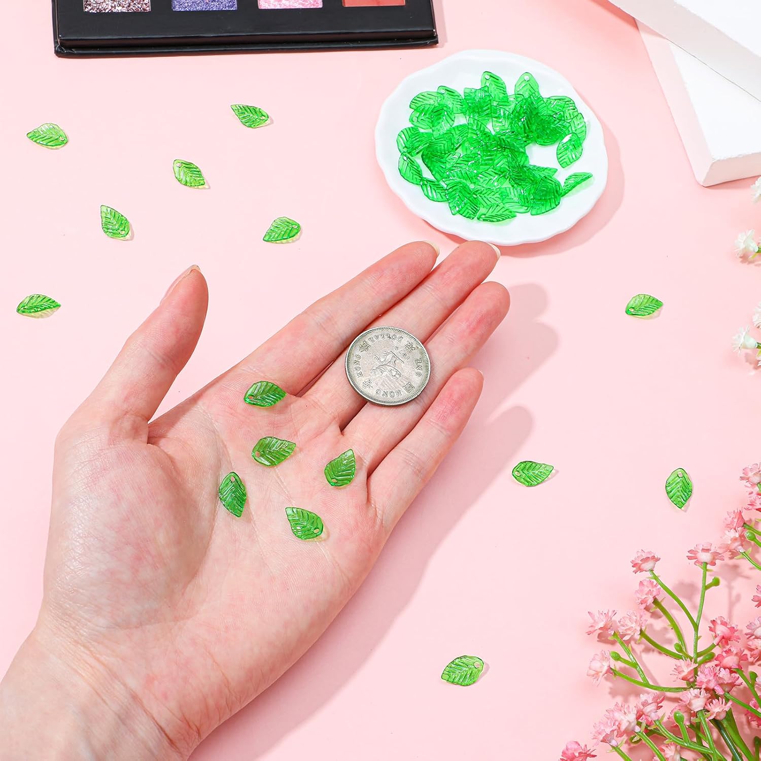 100 Pcs Leaf Beads for Jewelry Making Transparent Green Acrylic Plant Tree Leaf Charms Plastic Leaves Pendants with Hole Fit Earring Bracelet Necklace DIY Craft Beading Decorate Women 0.51 × 0.31 Inch - Image 4