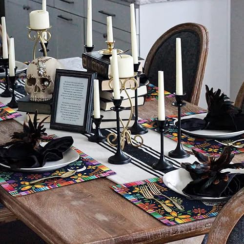 Miniatura 7 de AnyDesign Día de los Muertos - Manteles individuales de calavera, estilo mexicano, manteles individuales de flores coloridas con calavera,