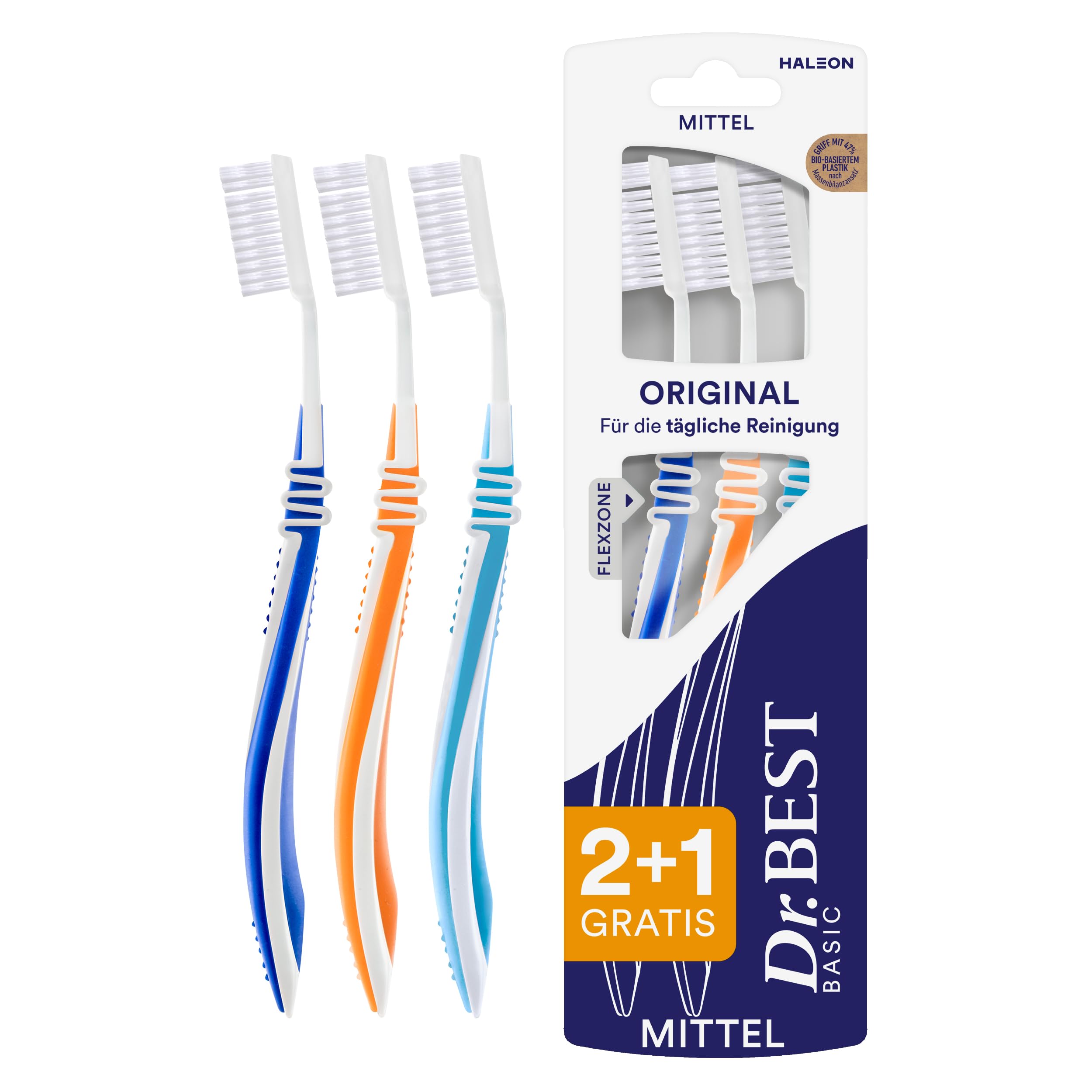 Dr.BEST Original Zahnbürste, Mittel, Vorteilspack, für die tägliche Reinigung mit bewährtem Dr.BEST Flachschnitt. Flexzone und abgerundete Borsten für eine gründliche und schonende Pflege.