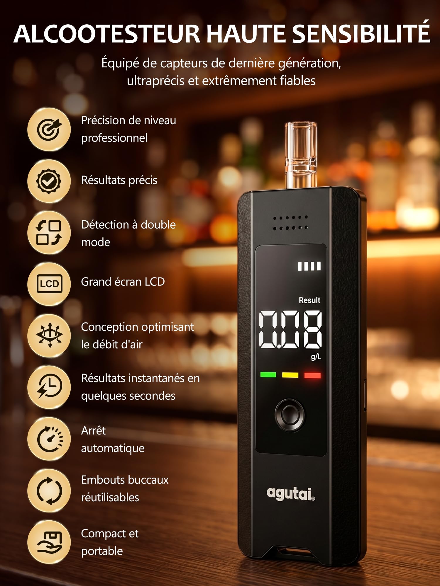 Ethylotest Electronique Homologué Alcootest Professionnel : Éthylomètre Haute Précision de Qualité avec Affichage Numérique LCD -Éthylotest Portable Testeur d'alcool USB C Rechargeable avec 10 embouts