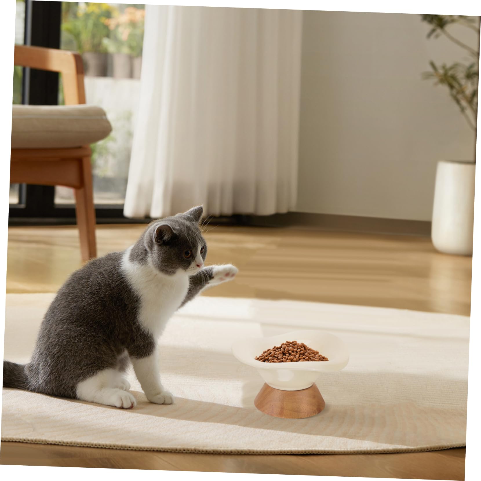 Comedero Elevado de Cerámica para Gatos, Cuenco Redondo Beige | Gran Capacidad, Superficie Lisa y Fácil de Limpiar, Diseño sin Rebabas y Uso Práctico para Mascotas
