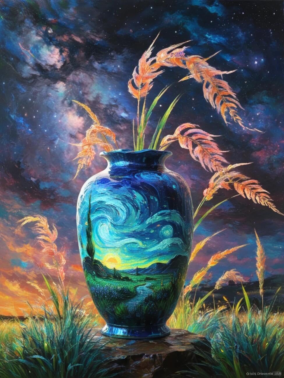 Henypt Cross Stitch Kits for Adults Starry Sky Vase Landscape DIY Needlepoint Set for Beginners The Elderly with Accessories Home Wall Decoration 14CT 30x40cm