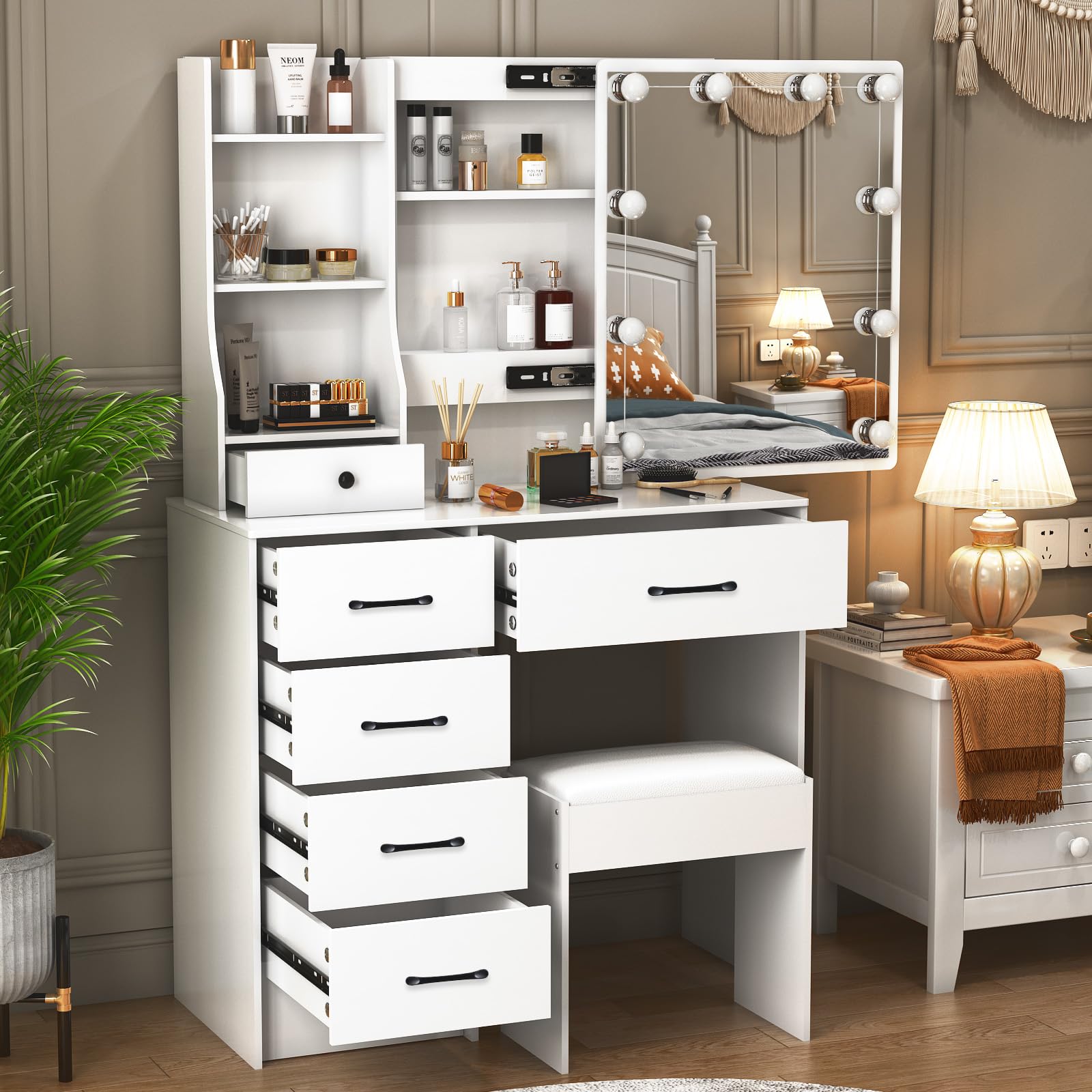 Tavolo da toeletta con illuminazione a LED e specchio, tavolo cosmetico per trucco e cosmetici, tavolo da toeletta con 3 colori luminosità regolabile 56