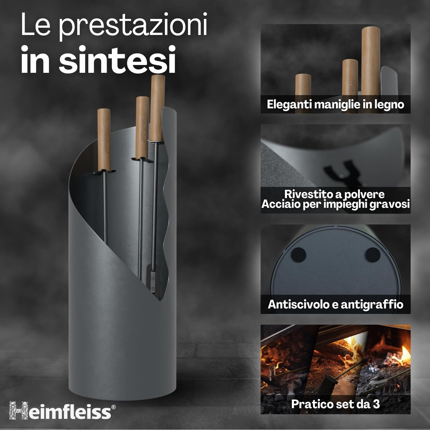 Heimfleiss® Set Camino Grigio Moderno | Attrezzi per Camino Set Camino | Kit Camino di Qualità con Attizzatoio, Spazzola-Paletta | Accessori Camino con Manici in Legno