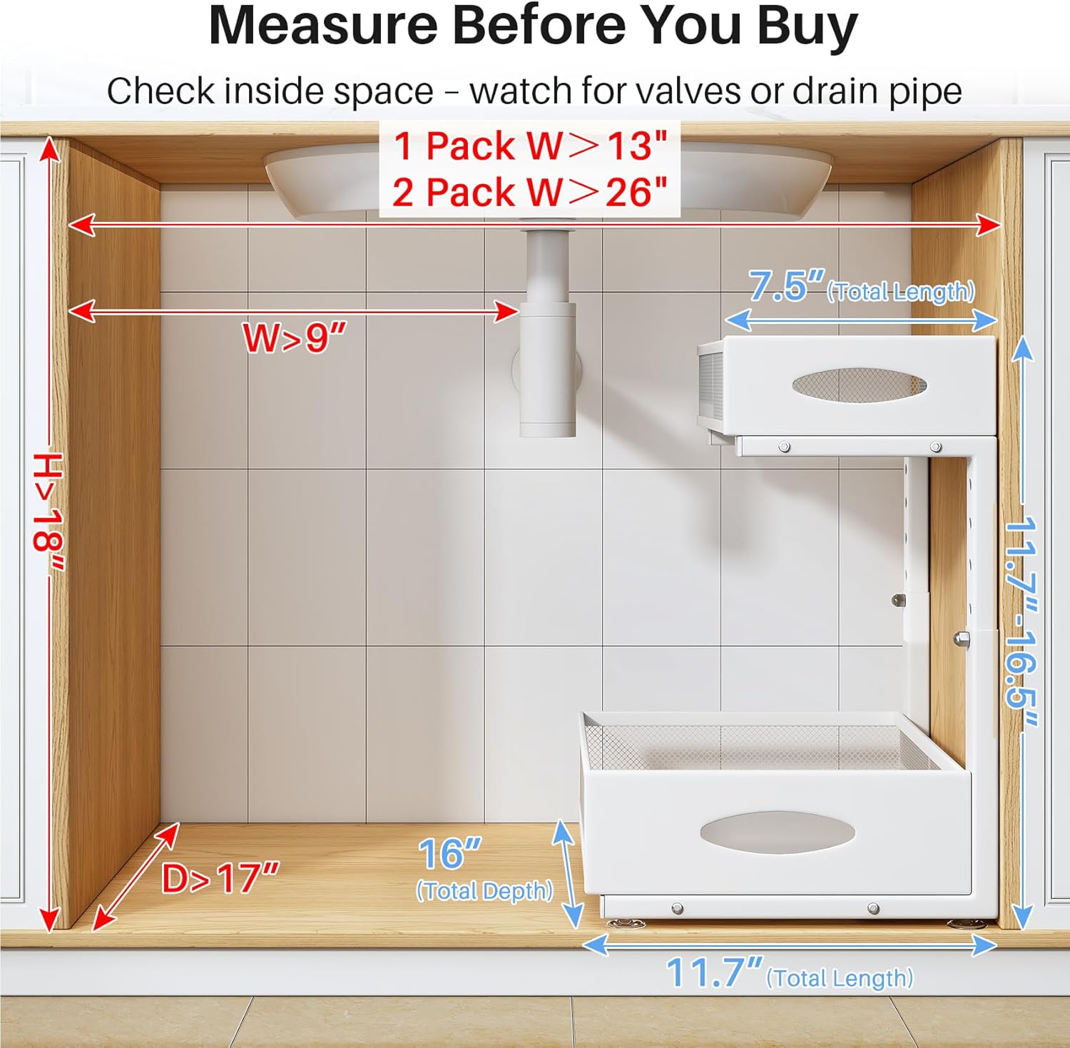 Under Sink Organizer, 2 Pack 2 Tier Pull Out Under Cabinet Organizer Shelf with Pad for Framed Cabinets, Metal Slide Out Under Sink Storage, Mesh Sliding Drawers for Kitchen Bathroom Laundry, White - Image 2
