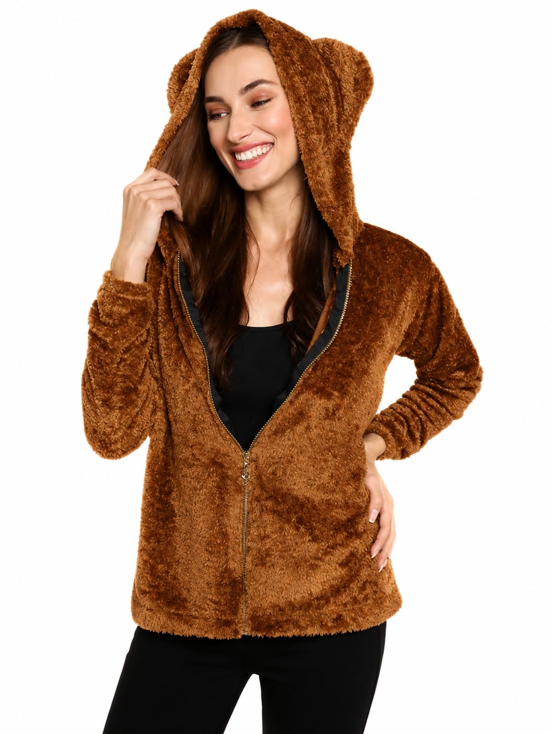Women's Teddy Bear Ear Hooded Faux Fur Zip-Up Jacket-image-4