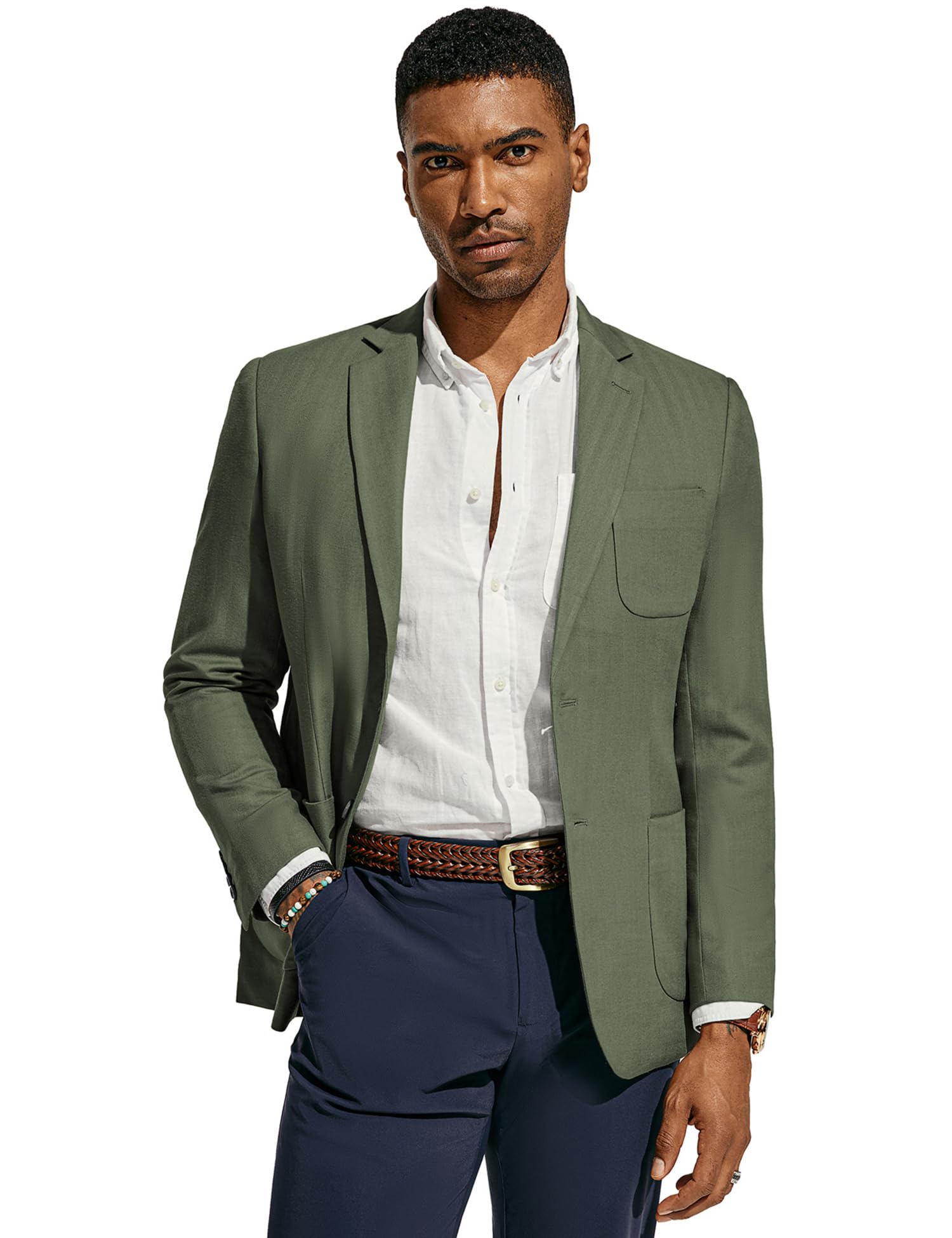 PJ PAUL JONES Chaqueta tipo blazer para hombre, de algodón y lino, ajuste regular, con dos botones, diseño de espiga