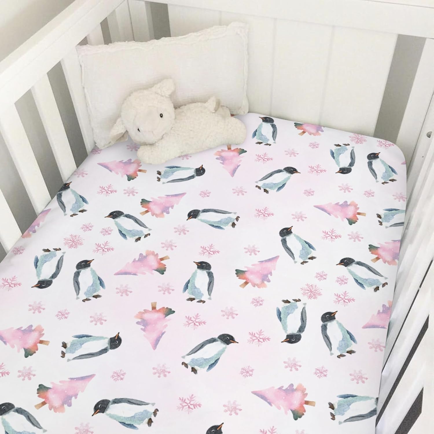 Watercolor Penguins Pine Forest Snowflakes Baby Crib Sheet 52''x28'' Winter Birds Fitted Crib Mattress Cover Boy Girl Holiday Christmas Animal Soft Bed Sheet for Standard Crib Toddler Mattress Pink