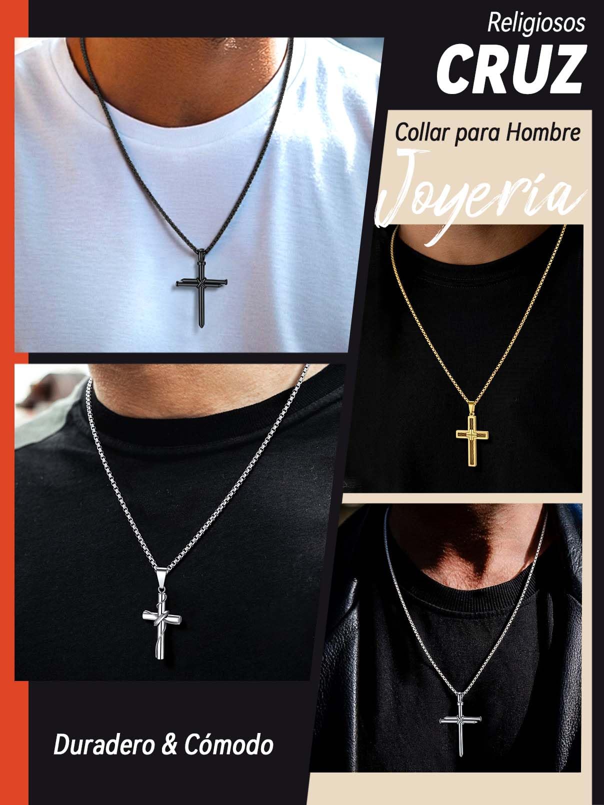 FaithHeart Colgante Cruz Hombre Collar Acero Inoxidable 316L Colgantes Cruces Impermeable Plateado/Dorado/Negro Cadena Eslabones 55cm+5cm Joyas Hombres con Caja de Regalo