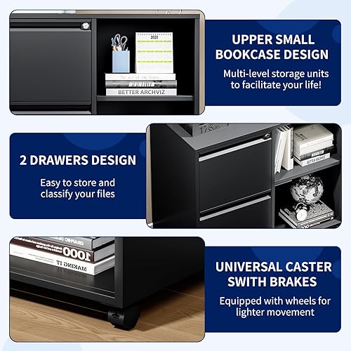 Miniatura 6 de Yizosh Archivador de metal de 2 cajones con cerradura, archivador lateral móvil, soporte de impresora con estantes de almacenamiento ajustables para