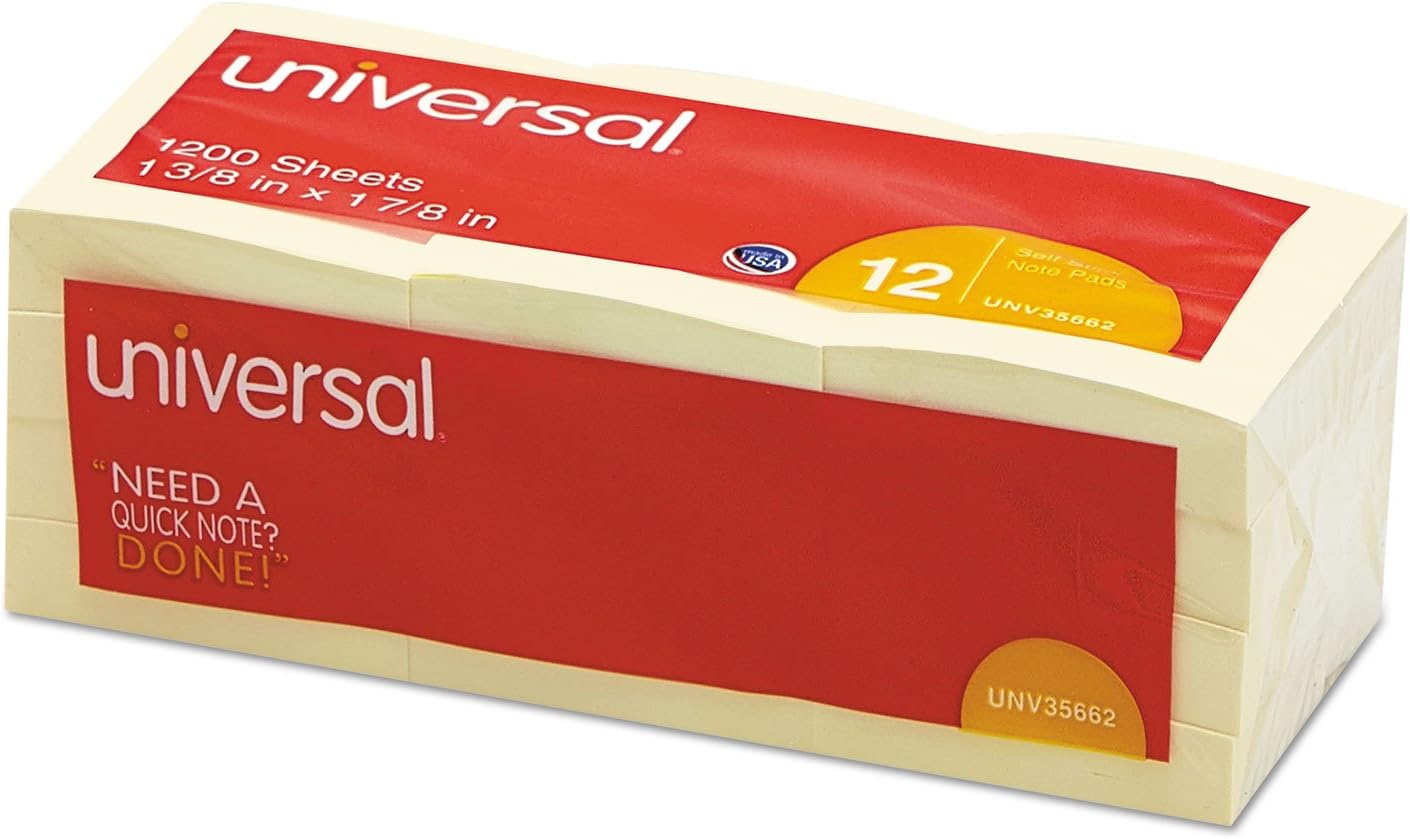 Universal 35662 Standard Self-Stick Notes, 1 3/8 x 1 7/8, Yellow, 12 100-Sheet/Pack