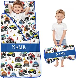 Personalized Toddler Kid Nap Mat with Name for Preschool Daycare, Customized Car Truck Kids Sleeping Bag with Pillow and Blanket for Boys, Slumber Bag Sleep Mat for Kindergarten