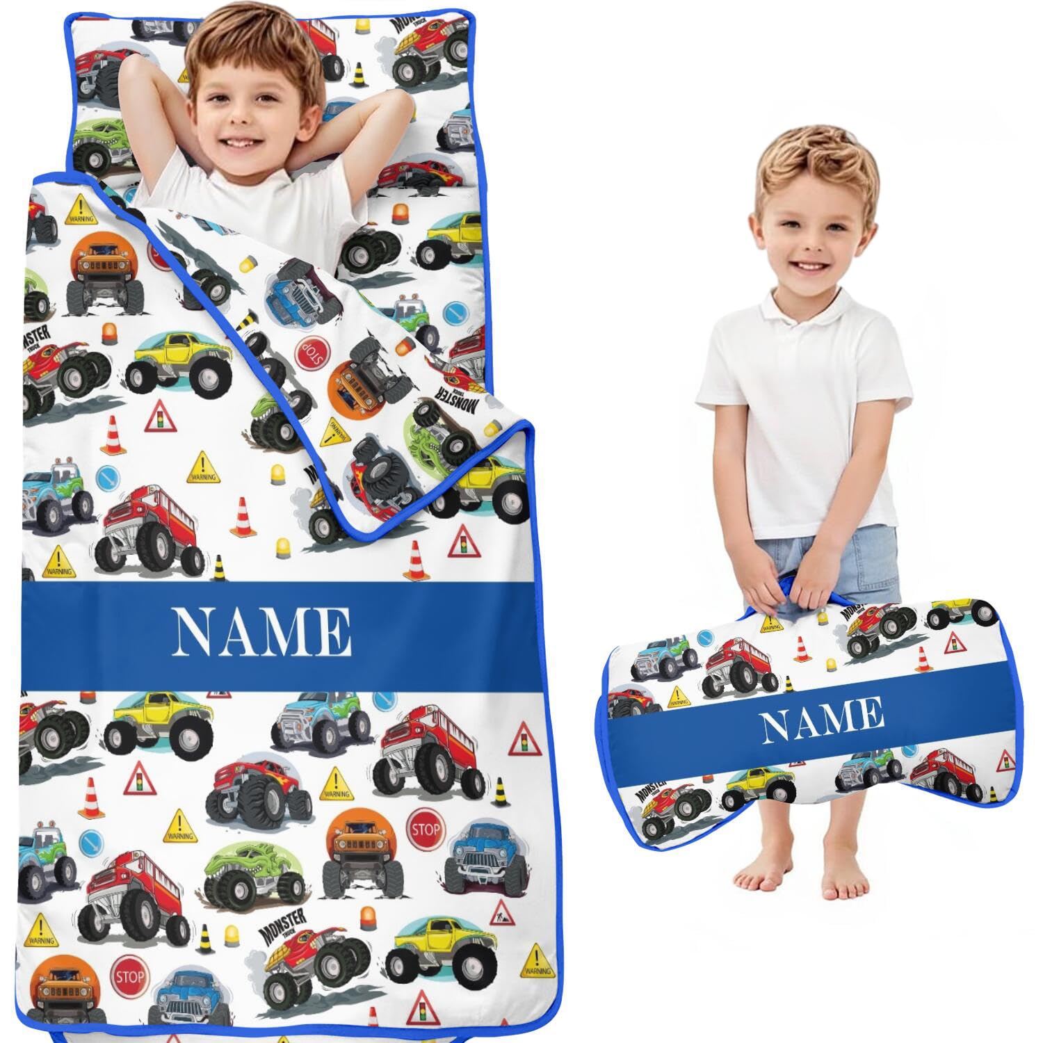 Personalized Toddler Kid Nap Mat with Name for Preschool Daycare, Customized Car Truck Kids Sleeping Bag with Pillow and Blanket for Boys, Slumber Bag Sleep Mat for Kindergarten