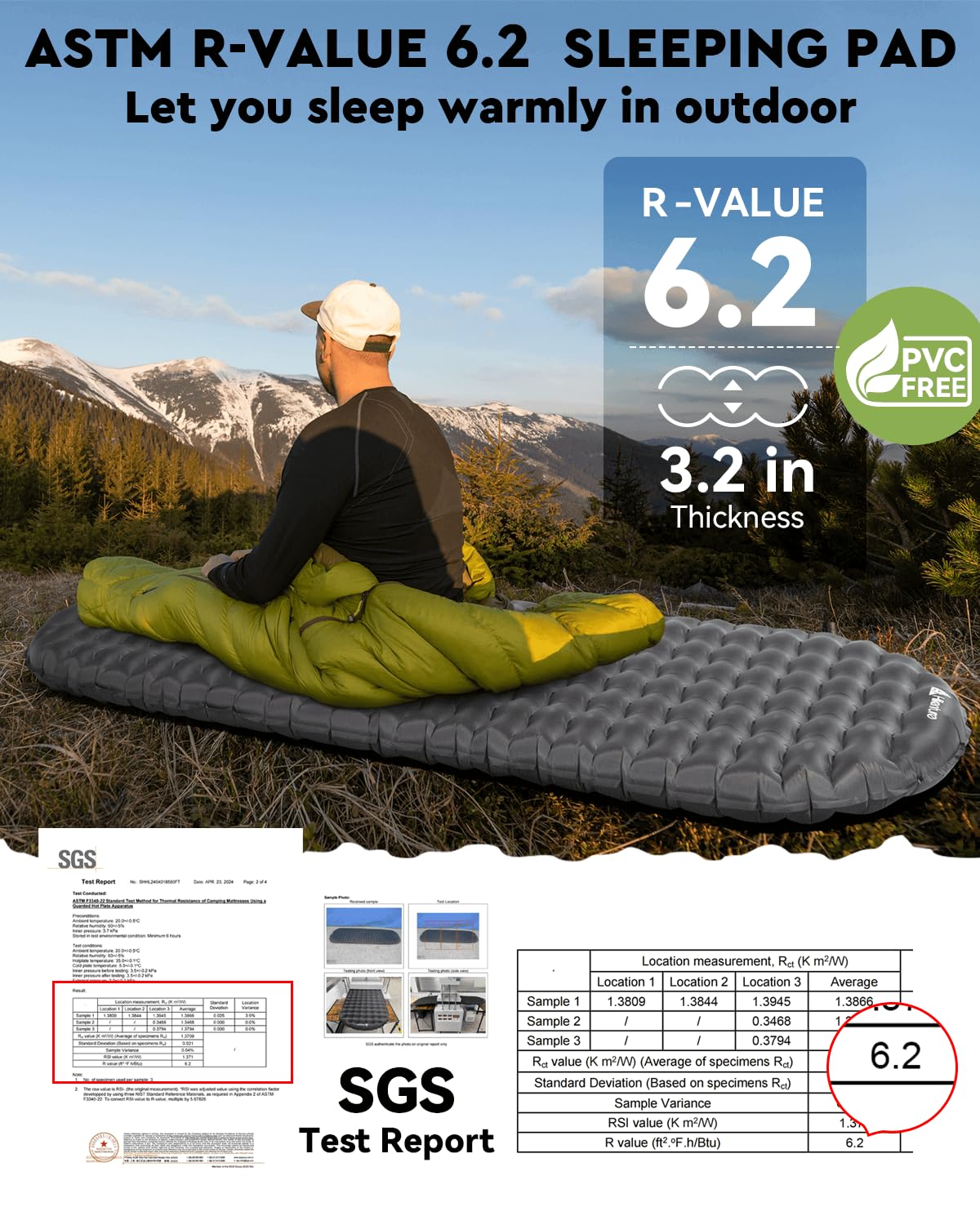 Hikenture Sleeping Pad R-Value 6.2 Insulated Camping Mattress for Cold Weather with Pump Sack(1201-A1)