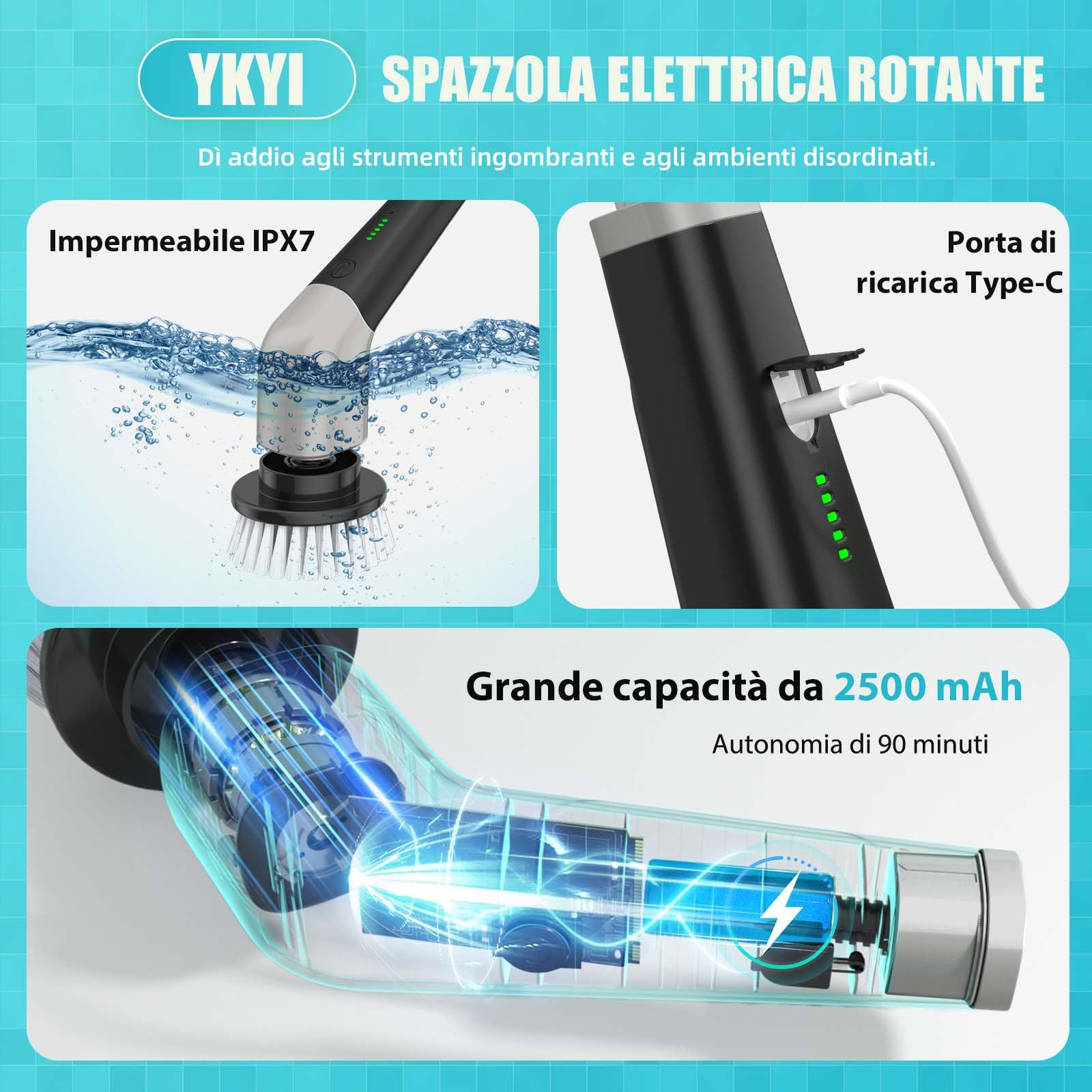 YKYI Spazzola Elettrica Rotante per Pulizia Casa – 8 Testine, Manico Regolabile, 2 Velocità – Spazzola Elettrica Pulizia Casa Bagno Cucina – Spazzola Rotante per Pulizie con USB-C