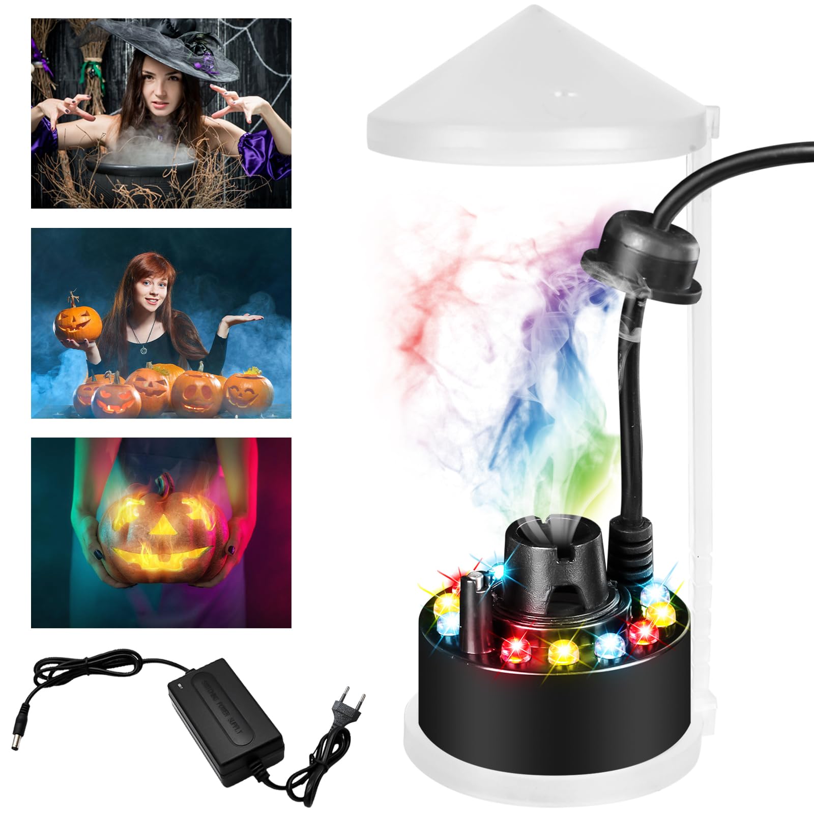 Peelanmall Ultrasone-Mistmaker, Aquarium-Mistmachine, Mister Fogger, LED Mini-Mistmachine met 12 Kleurrijke Lichten, Ultrasone Nebulisator met 24V Adapter, voor Springfontein, Halloween, Kerstmis