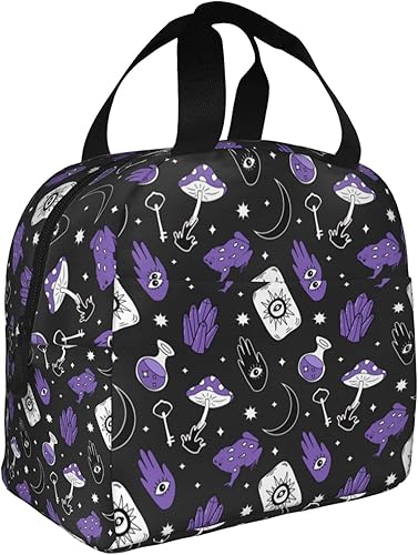 VOOHDDY Bruja de Halloween Magia Brujería Morada Negra Bolsa de almuerzo aislada para hombres y mujeres, contenedor reutilizable impermeable