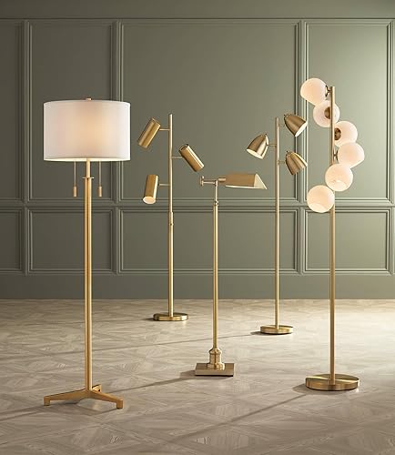 Miniatura 7 de Possini Euro Design Encino Modern Glam Luxe - Lámpara de pie de 60 pulgadas de alto, latón antiguo, base de trípode de metal dorado, tela blanca